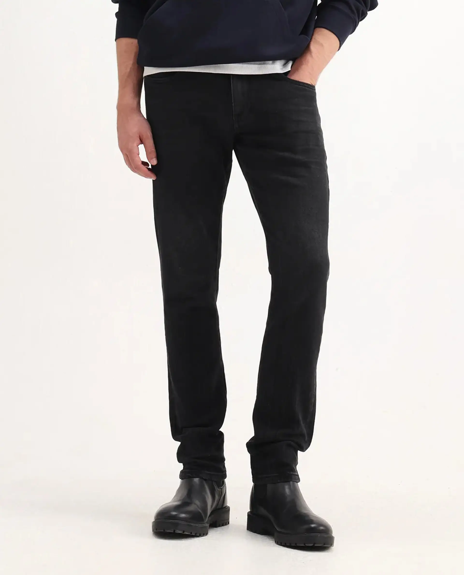 Rare Rabbit Men's Omiros Black Cotton Blend Plain Hawk Slim Fit Jeans - Image 8