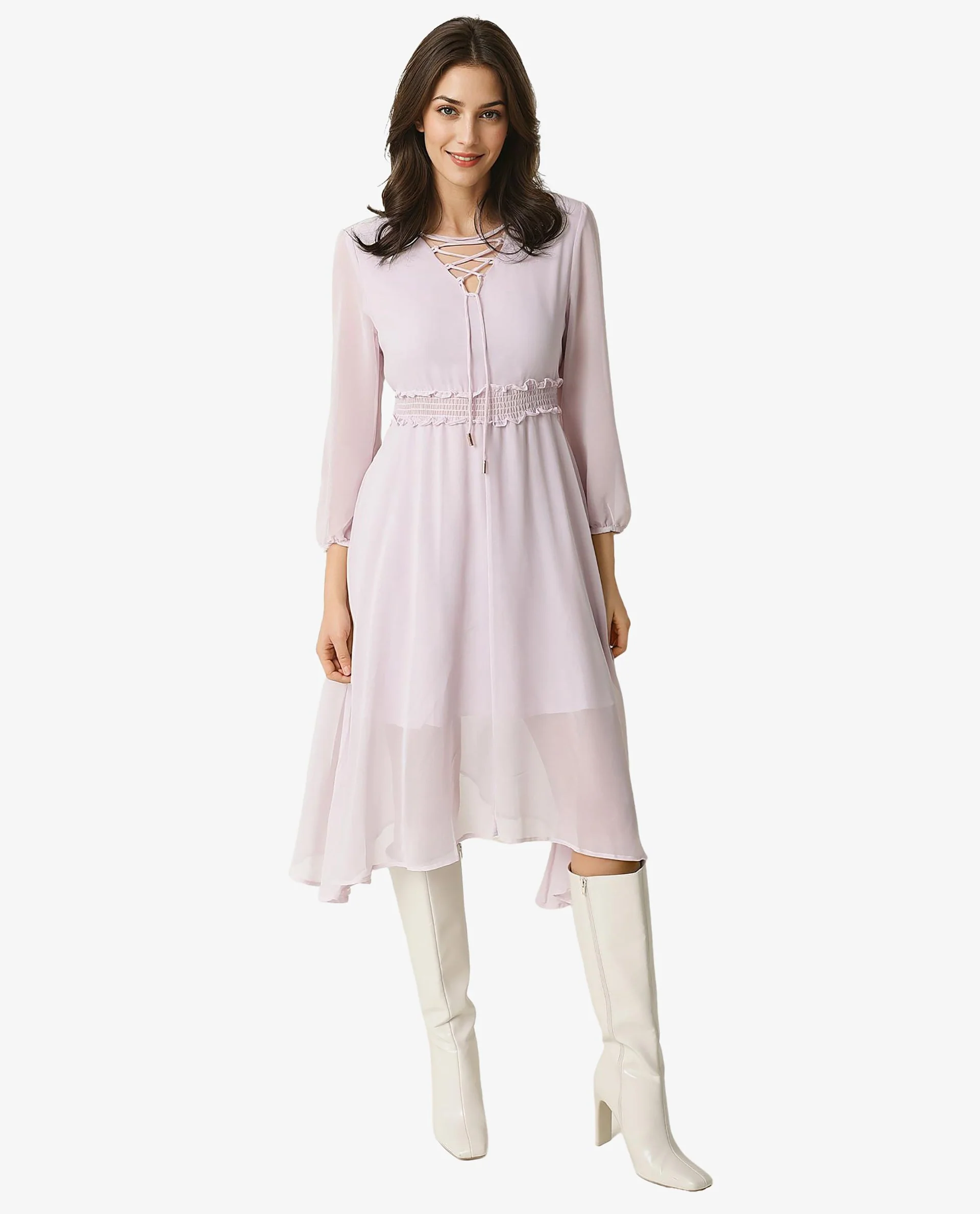Rareism Women's Ommet Purple Polyester Tie-Up Neck Plain Knee Length Regular Fit Dress