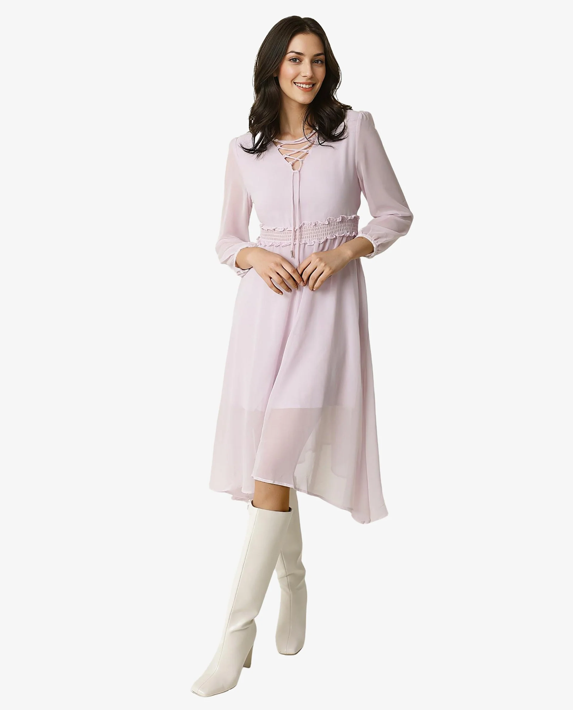 Rareism Women's Ommet Purple Polyester Tie-Up Neck Plain Knee Length Regular Fit Dress - Image 2