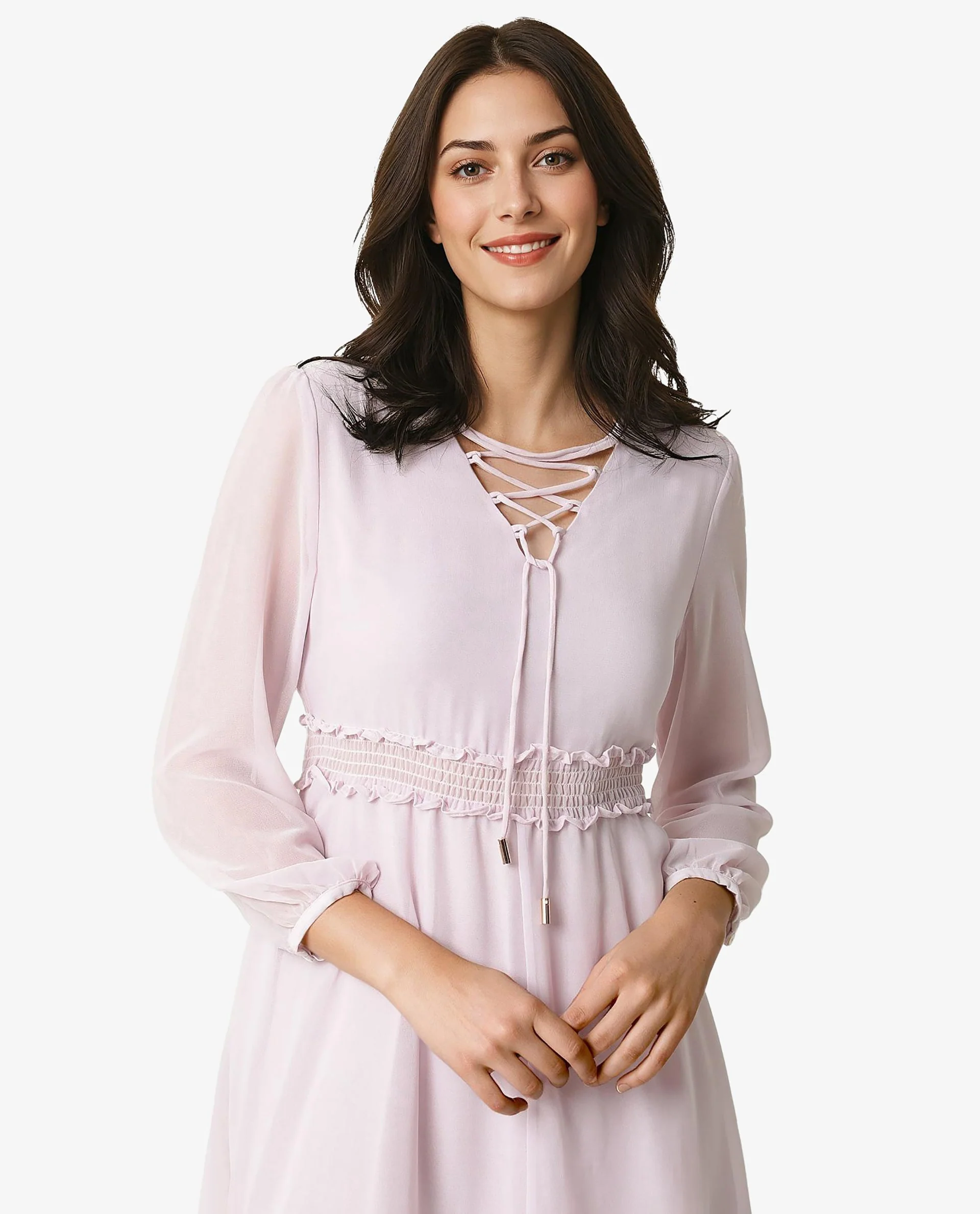Rareism Women's Ommet Purple Polyester Tie-Up Neck Plain Knee Length Regular Fit Dress - Image 3