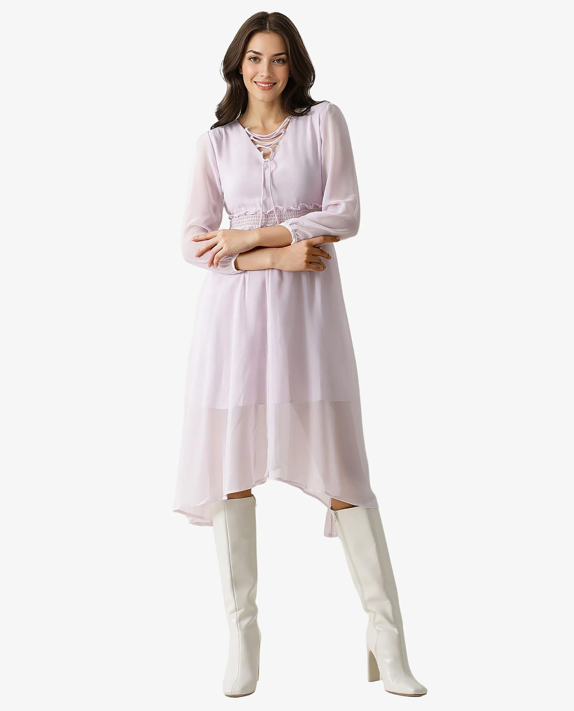 Rareism Women's Ommet Purple Polyester Tie-Up Neck Plain Knee Length Regular Fit Dress - Image 4
