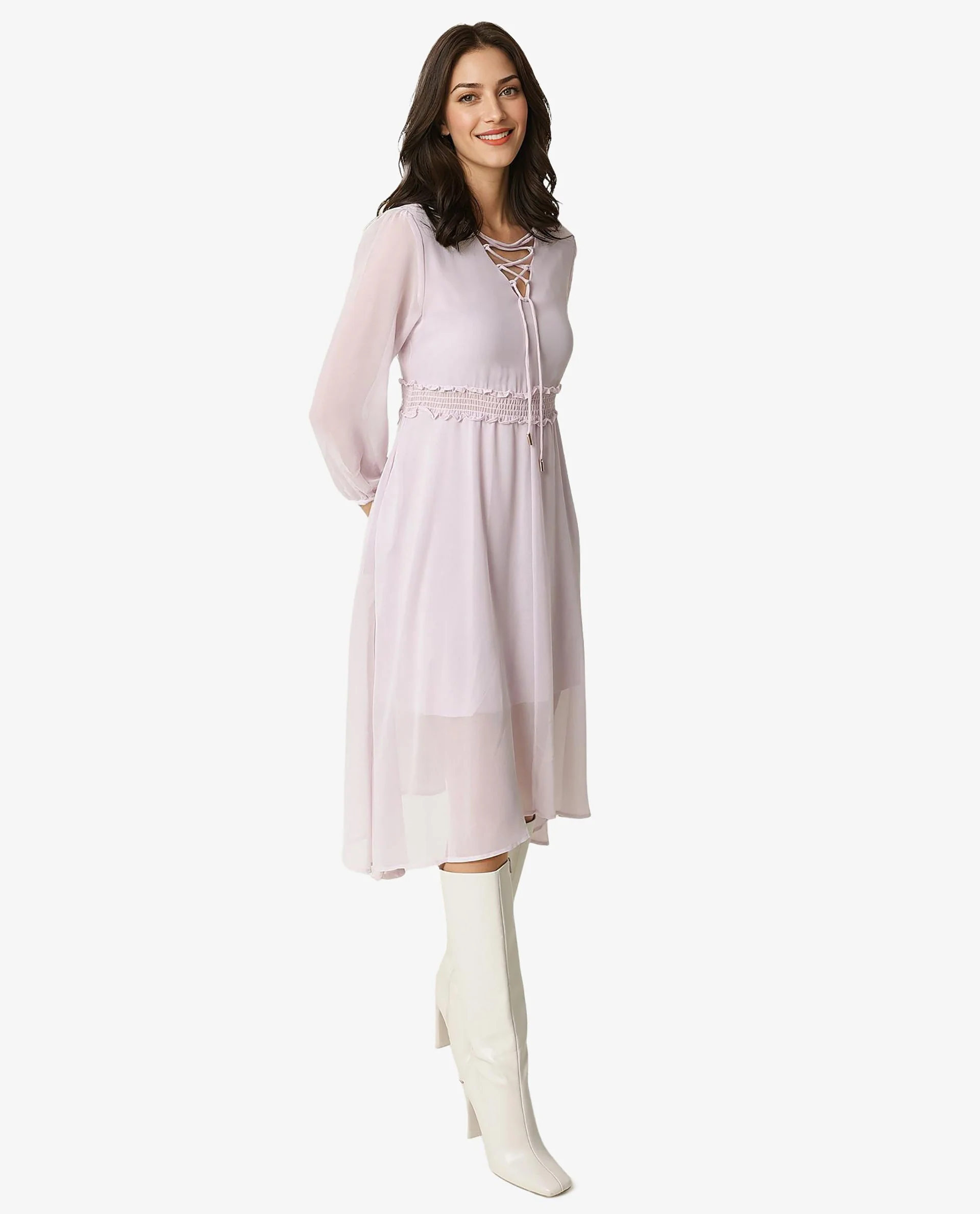 Rareism Women's Ommet Purple Polyester Tie-Up Neck Plain Knee Length Regular Fit Dress - Image 5