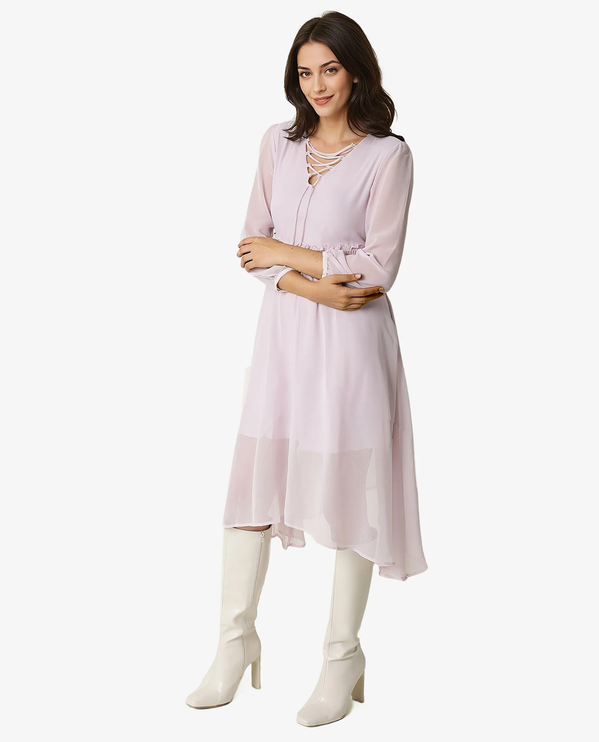 Rareism Women's Ommet Purple Polyester Tie-Up Neck Plain Knee Length Regular Fit Dress - Image 6