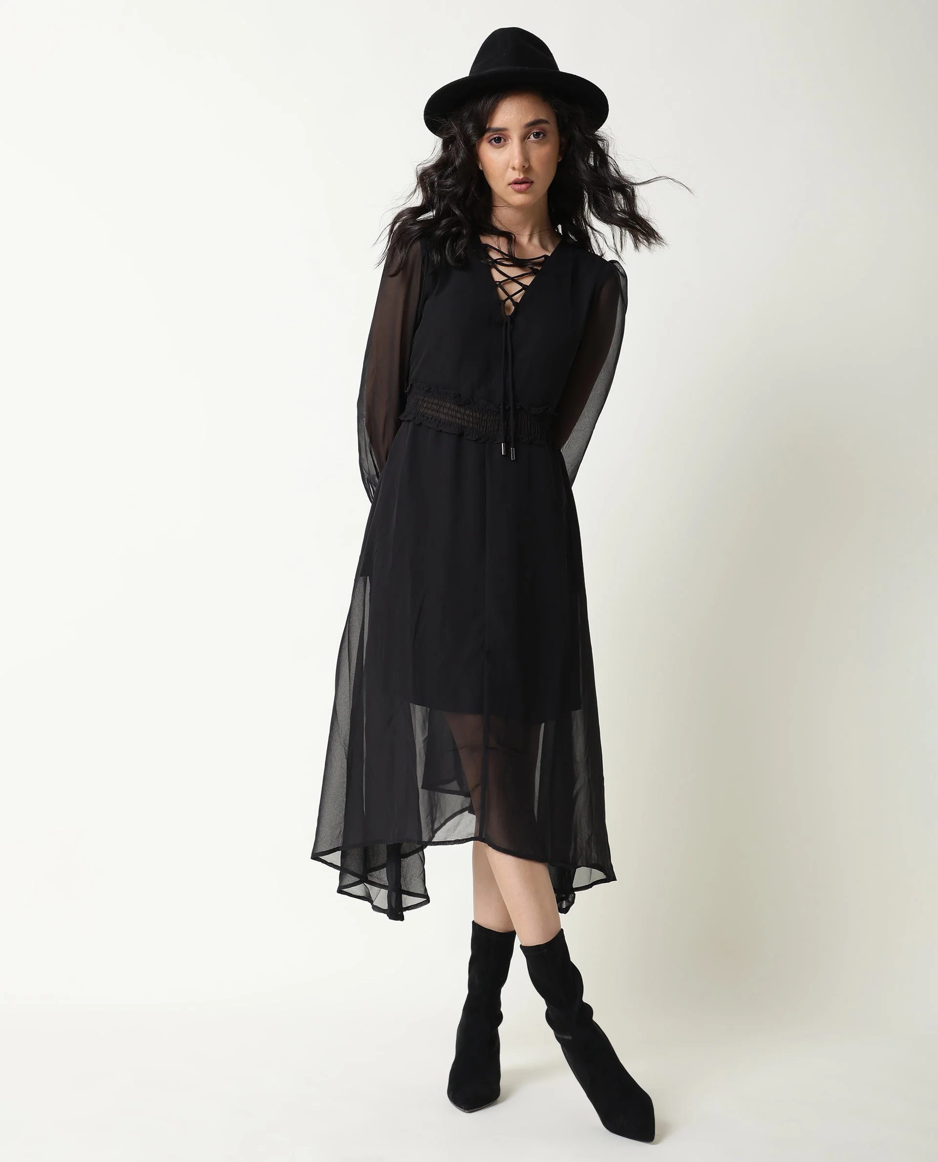 Rareism Women's Ommet Black V-Neck Plain Knee Length Regular Fit Dress