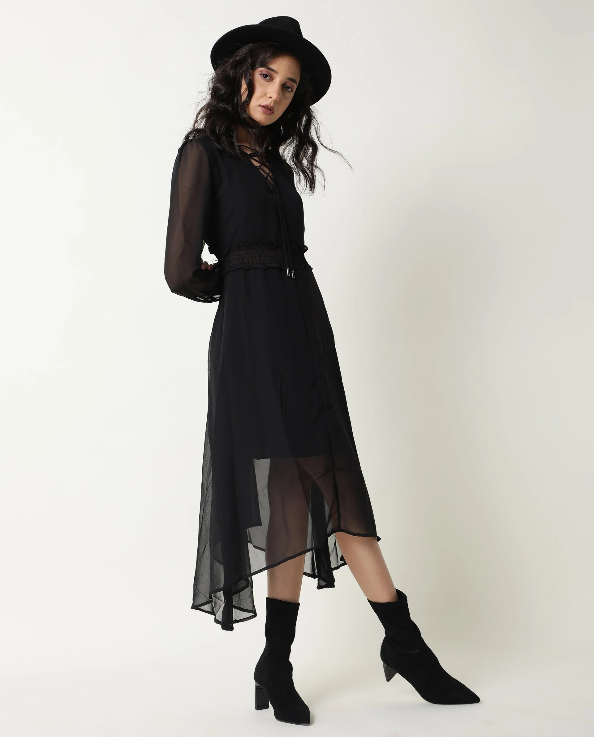 Rareism Women's Ommet Black V-Neck Plain Knee Length Regular Fit Dress - Image 10