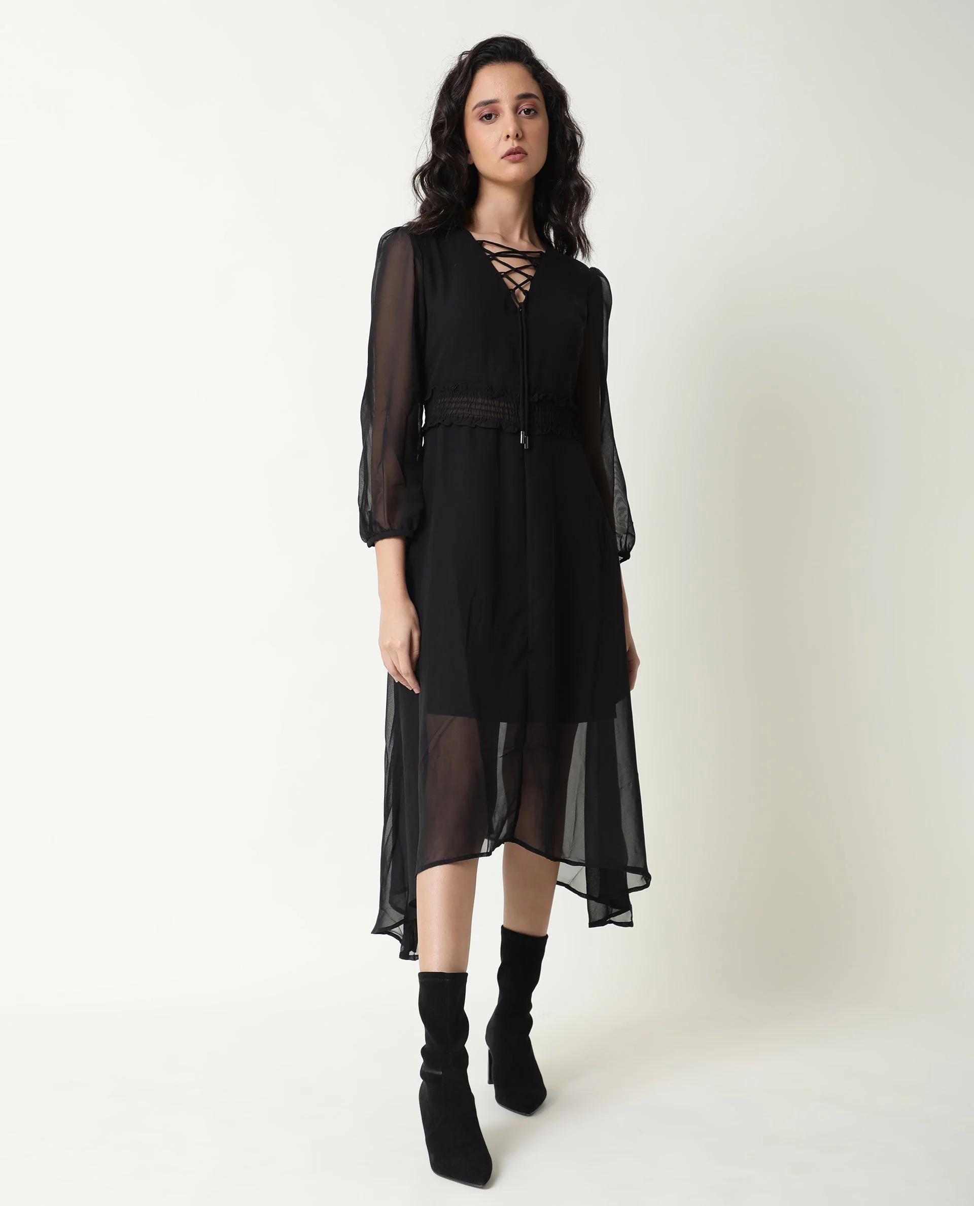 Rareism Women's Ommet Black V-Neck Plain Knee Length Regular Fit Dress - Image 2