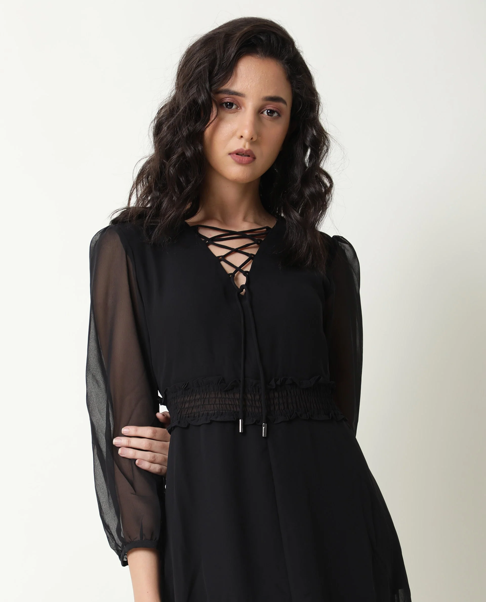 Rareism Women's Ommet Black V-Neck Plain Knee Length Regular Fit Dress - Image 3