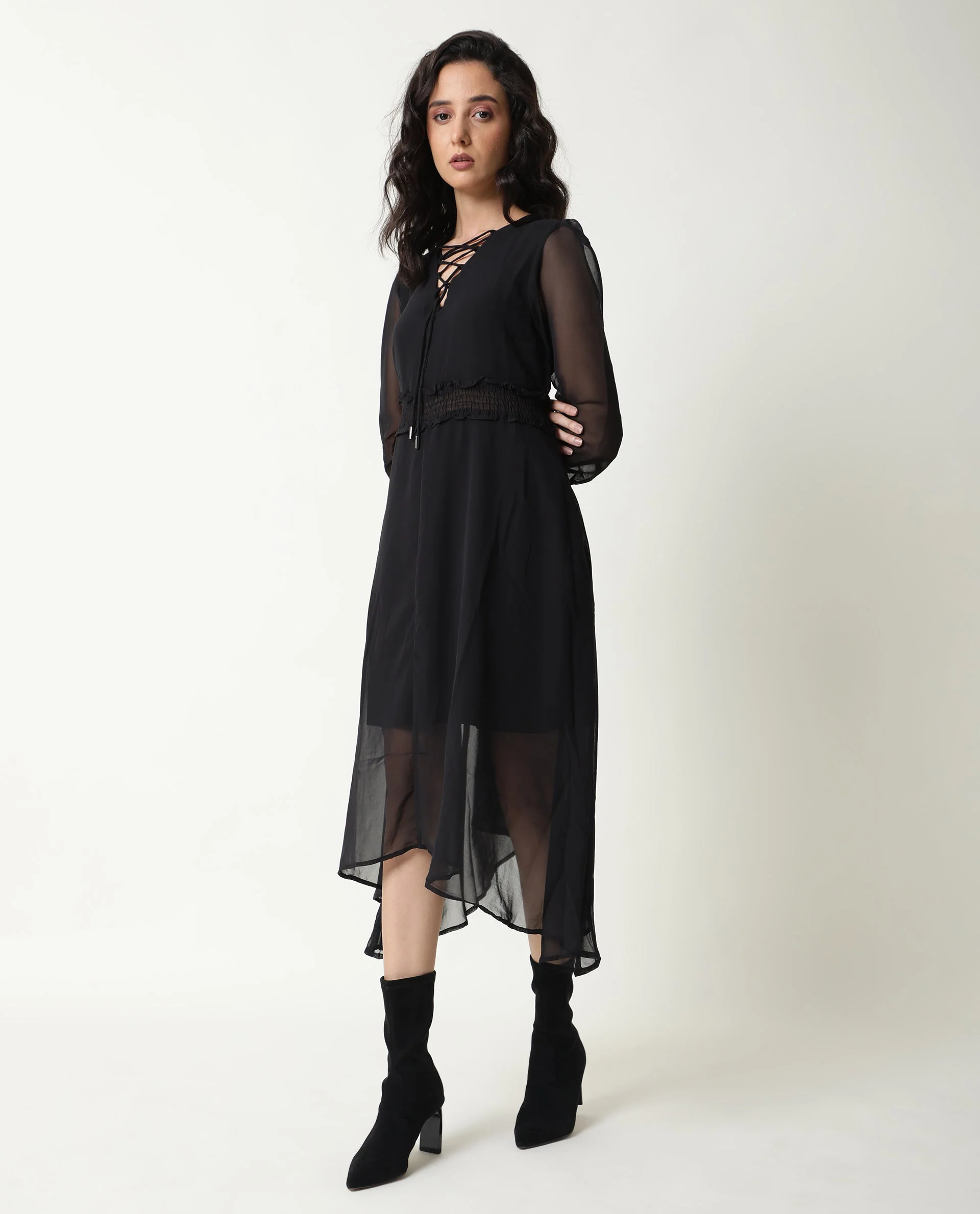Rareism Women's Ommet Black V-Neck Plain Knee Length Regular Fit Dress - Image 4
