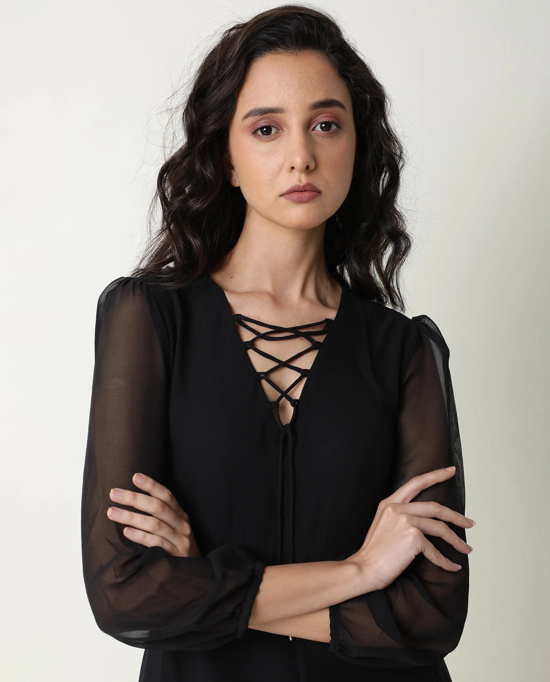 Rareism Women's Ommet Black V-Neck Plain Knee Length Regular Fit Dress - Image 5