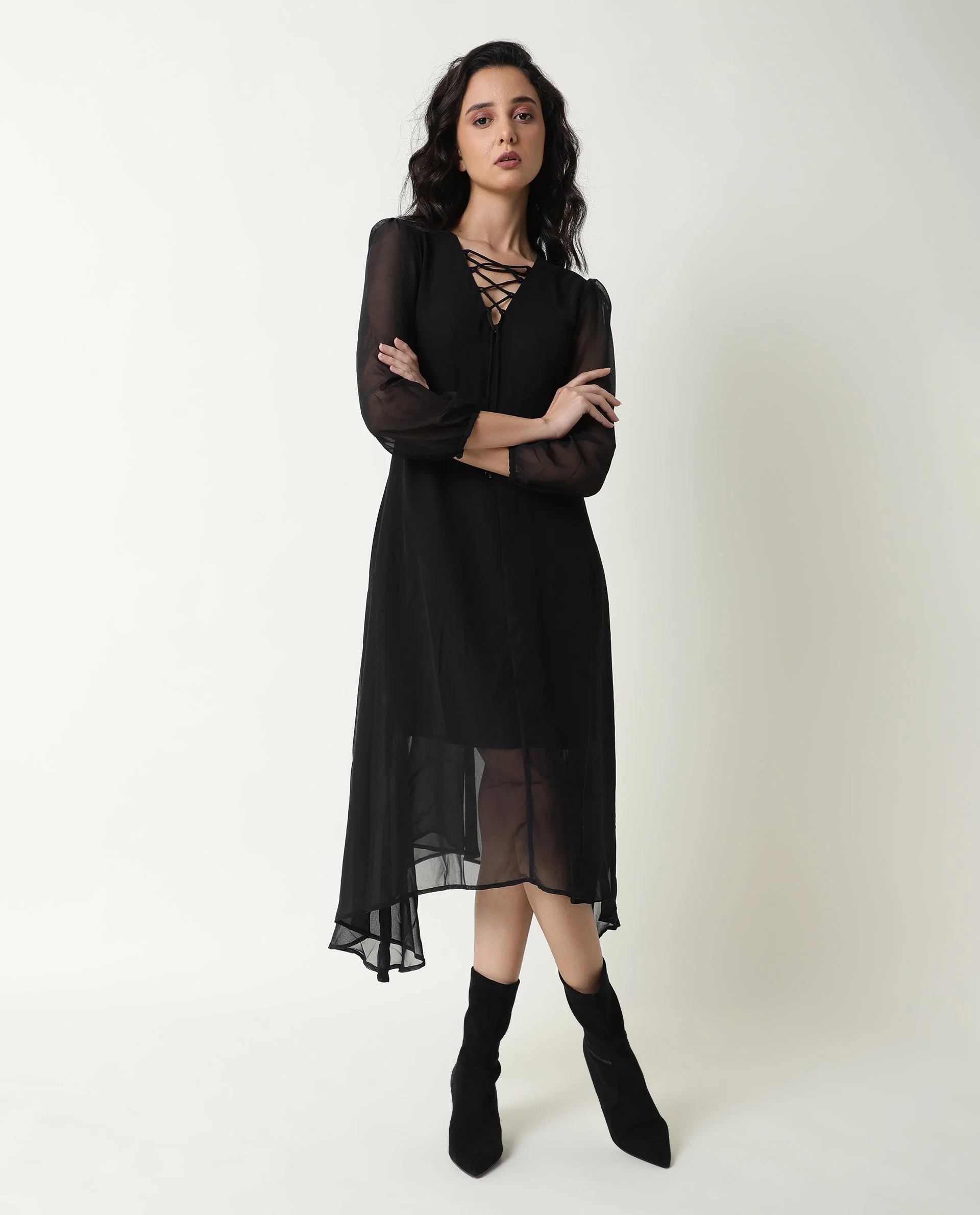 Rareism Women's Ommet Black V-Neck Plain Knee Length Regular Fit Dress - Image 6