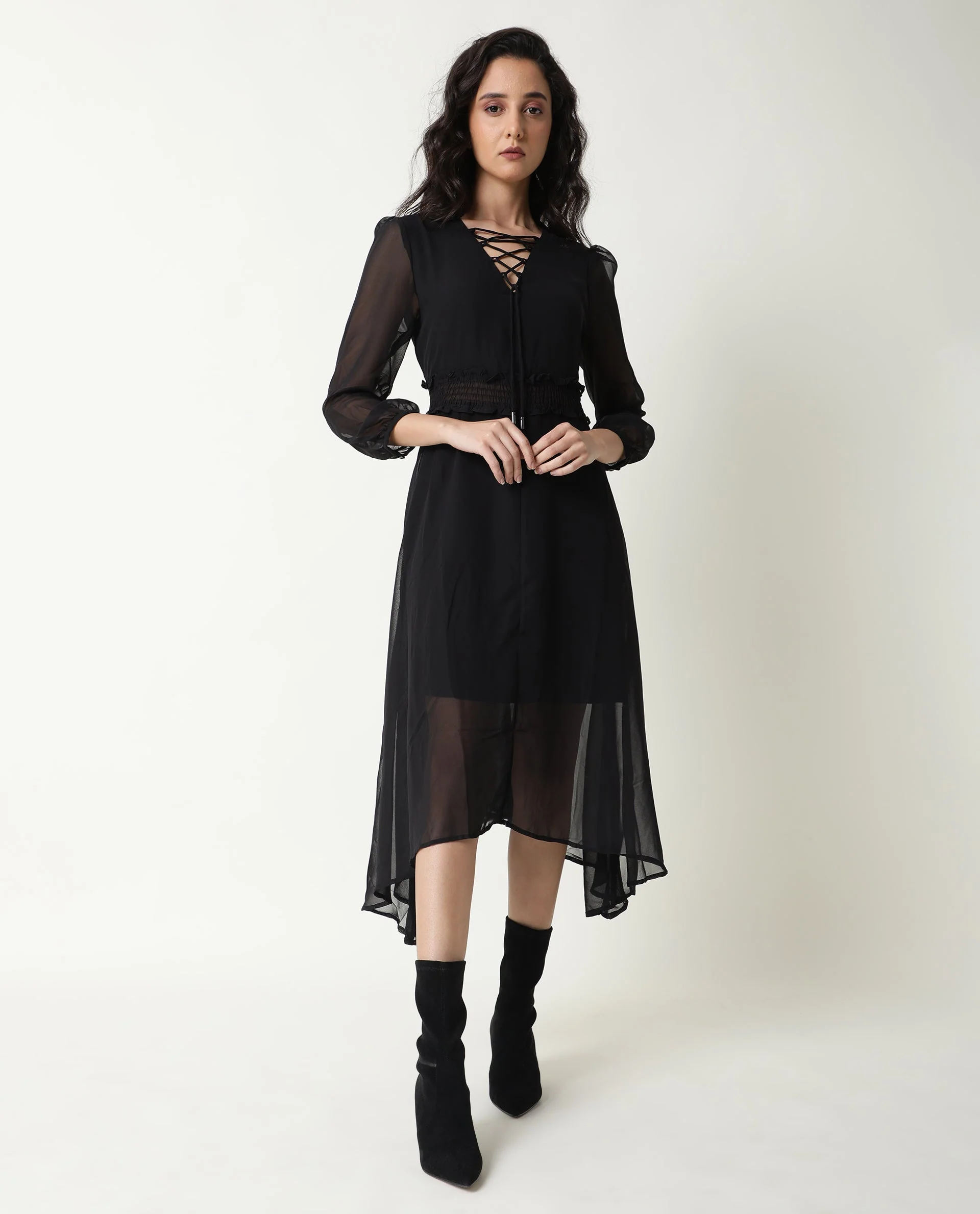 Rareism Women's Ommet Black V-Neck Plain Knee Length Regular Fit Dress - Image 7