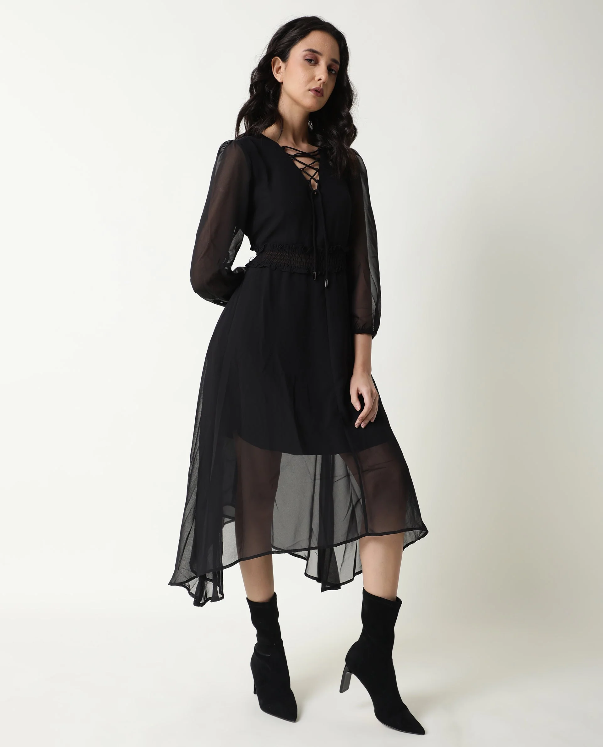 Rareism Women's Ommet Black V-Neck Plain Knee Length Regular Fit Dress - Image 8