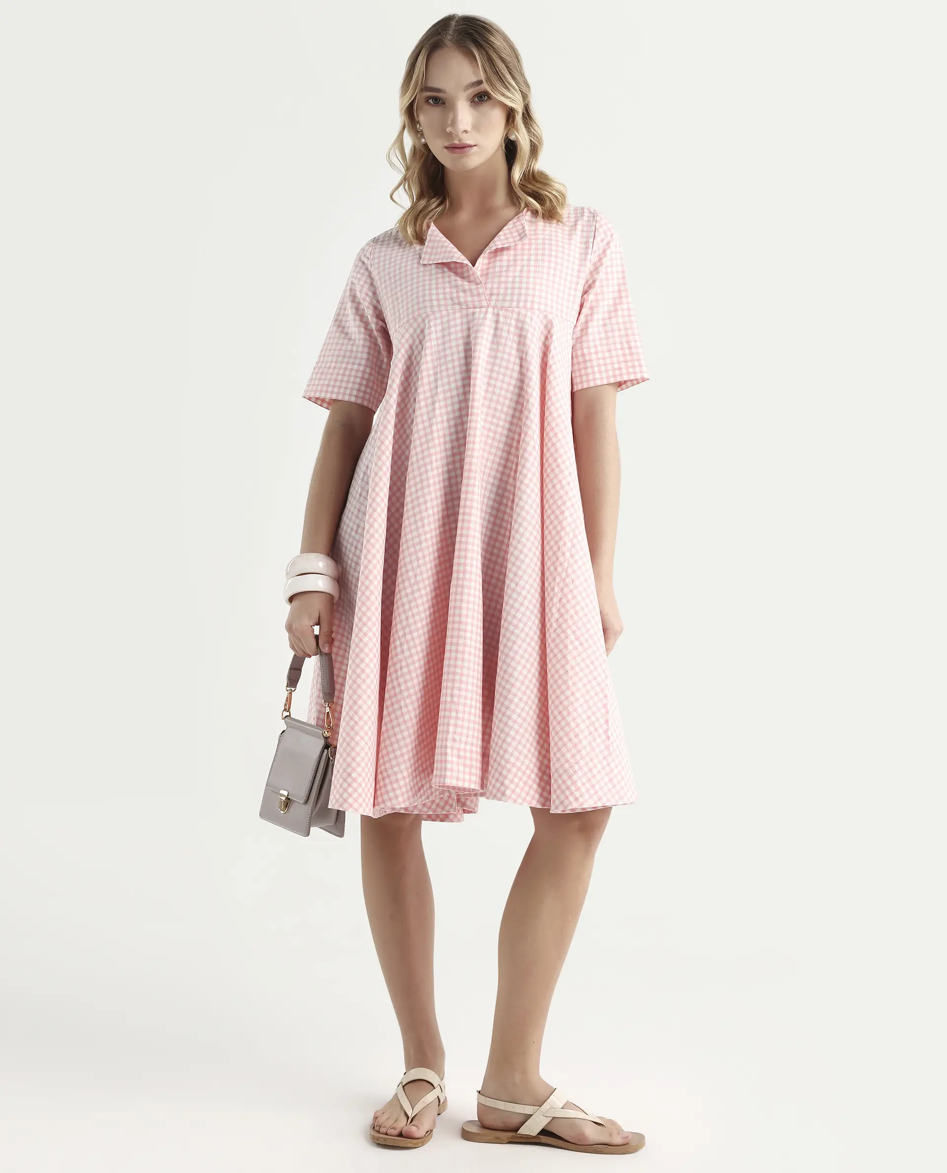 Rareism Women's Omni Peach Lapel Neck Checked Knee Length Regular Fit Dress - Image 2
