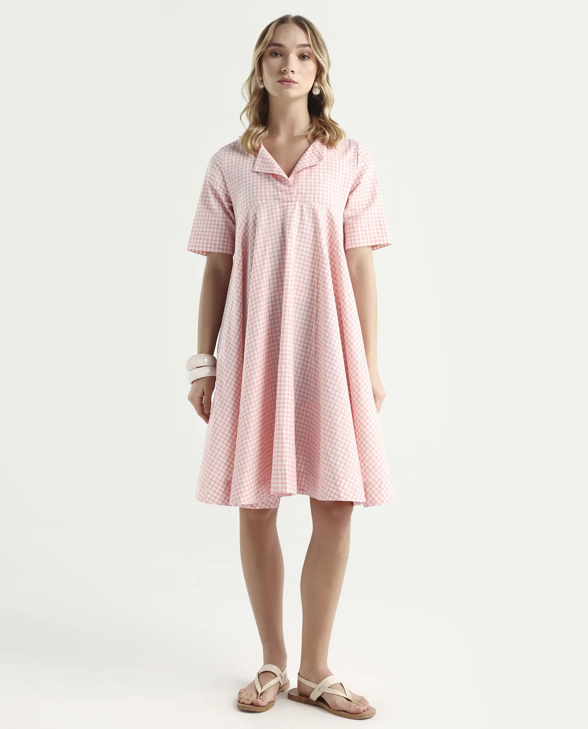 Rareism Women's Omni Peach Lapel Neck Checked Knee Length Regular Fit Dress - Image 3