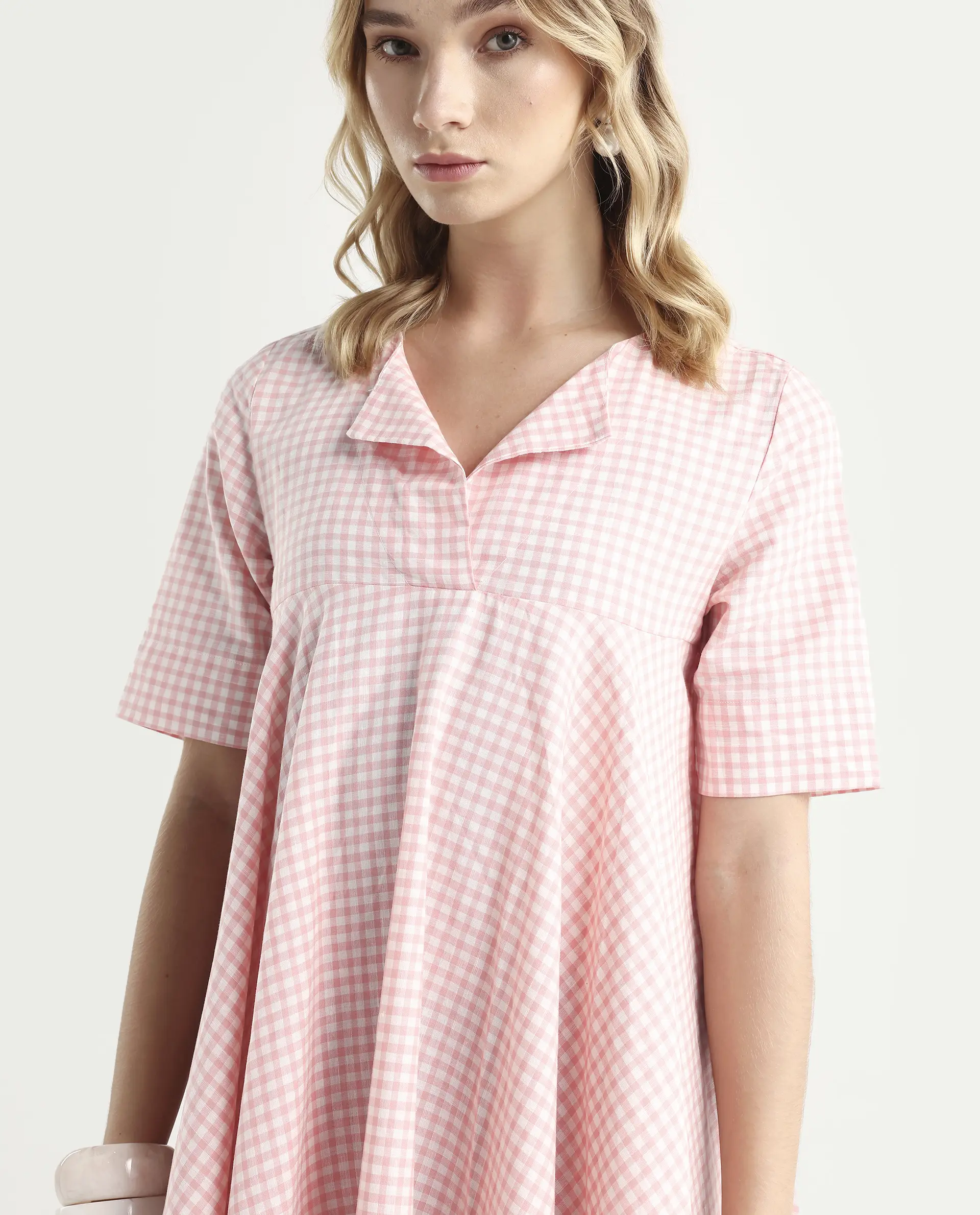 Rareism Women's Omni Peach Lapel Neck Checked Knee Length Regular Fit Dress - Image 4