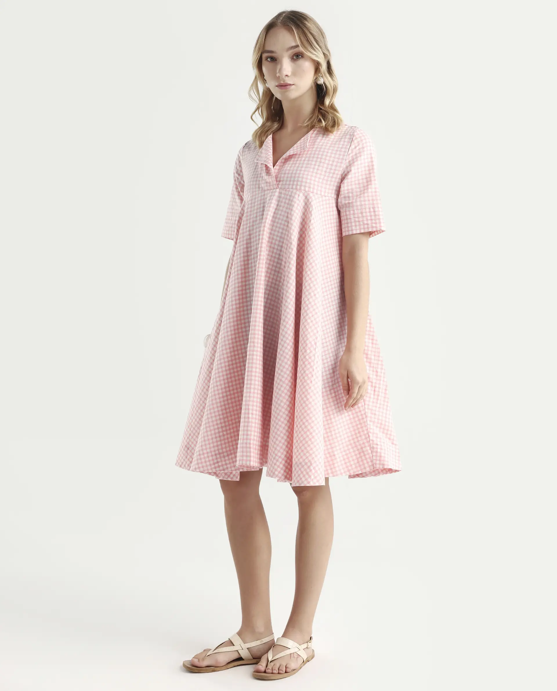 Rareism Women's Omni Peach Lapel Neck Checked Knee Length Regular Fit Dress - Image 5