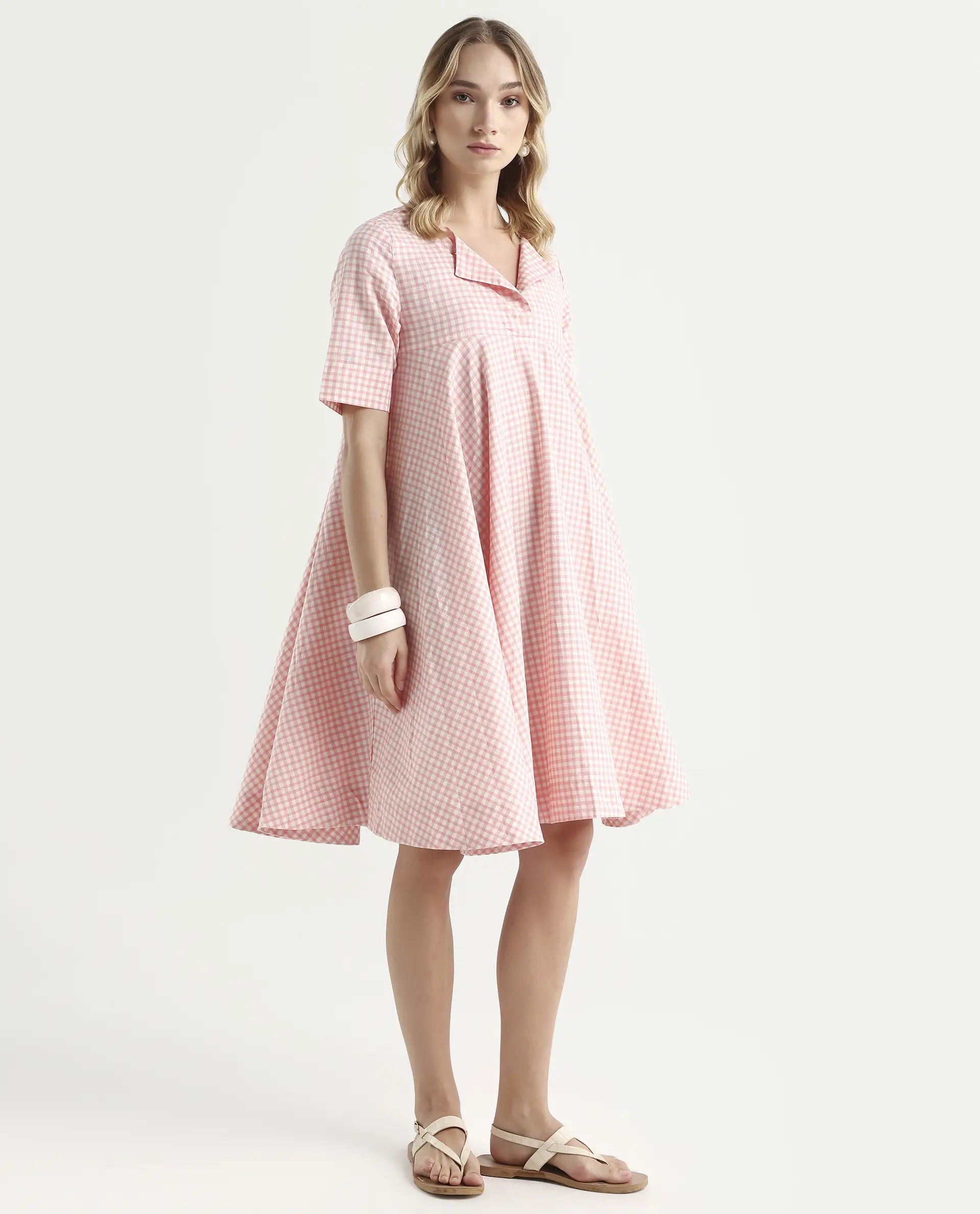 Rareism Women's Omni Peach Lapel Neck Checked Knee Length Regular Fit Dress - Image 6