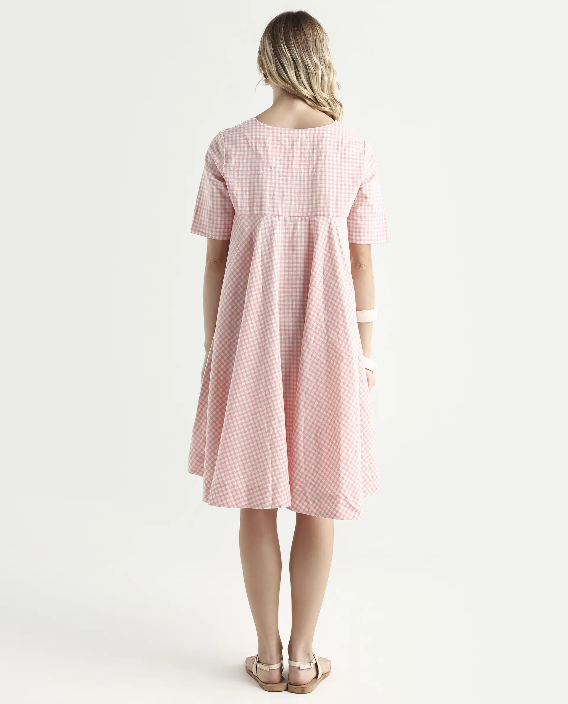 Rareism Women's Omni Peach Lapel Neck Checked Knee Length Regular Fit Dress - Image 7