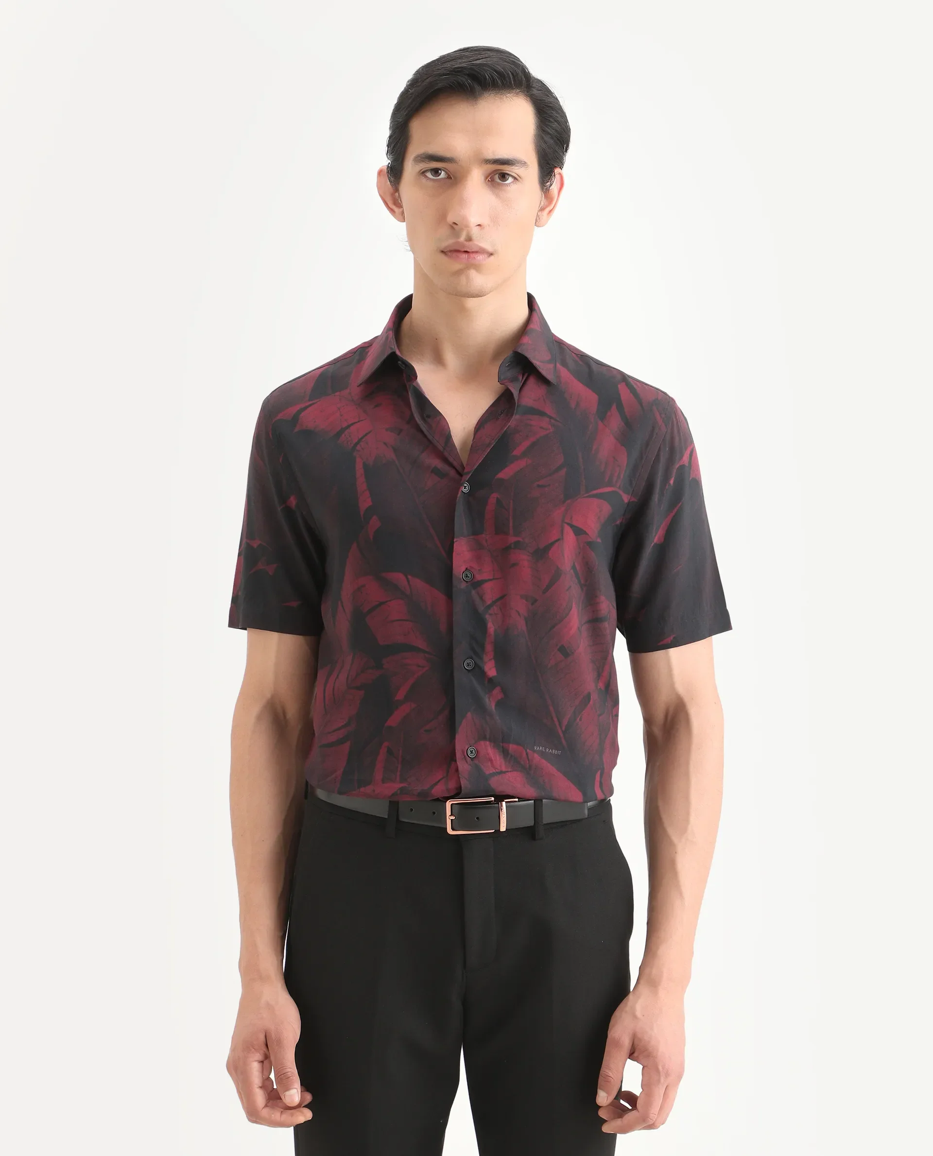 Rare Rabbit Men's Omra Dusky Red Viscose Fabric Half Sleeve Spread Collar Regular Fit Tropical Print Shirt - Image 3