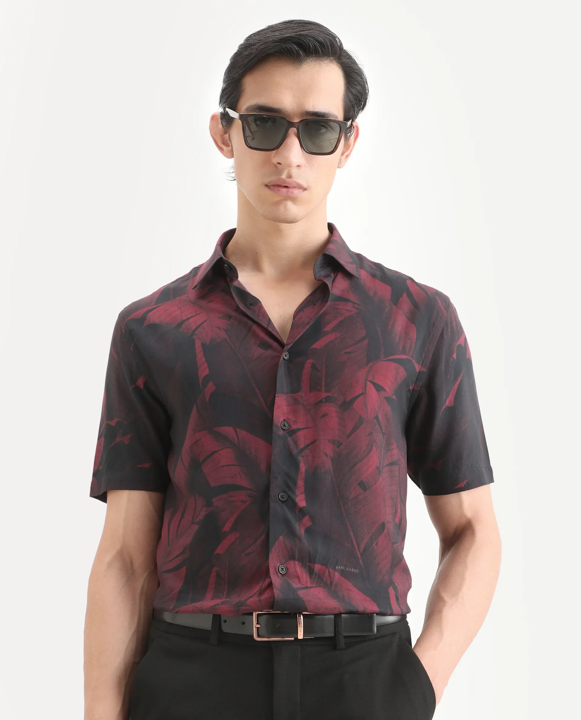Rare Rabbit Men's Omra Dusky Red Viscose Fabric Half Sleeve Spread Collar Regular Fit Tropical Print Shirt - Image 4