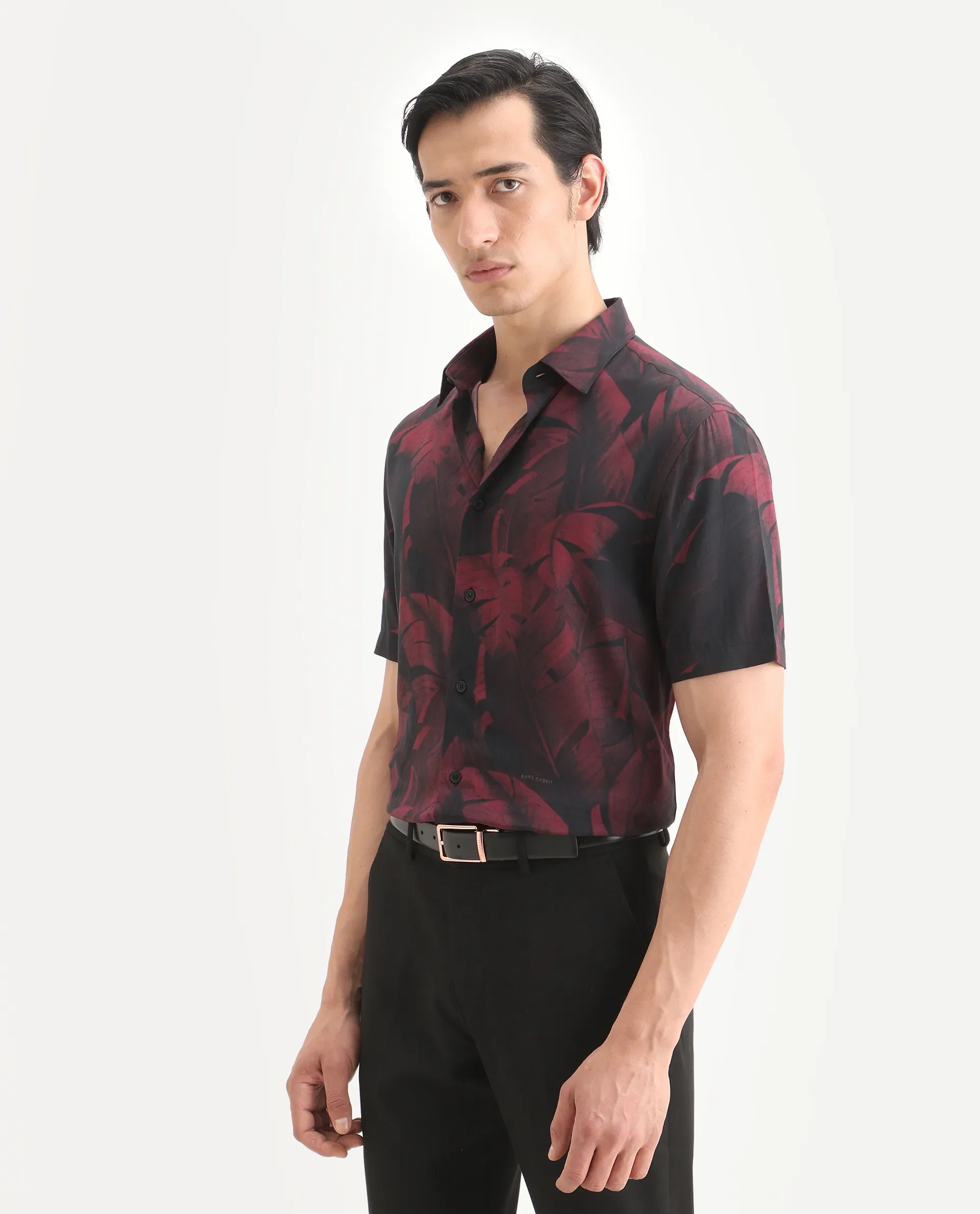 Rare Rabbit Men's Omra Dusky Red Viscose Fabric Half Sleeve Spread Collar Regular Fit Tropical Print Shirt - Image 7