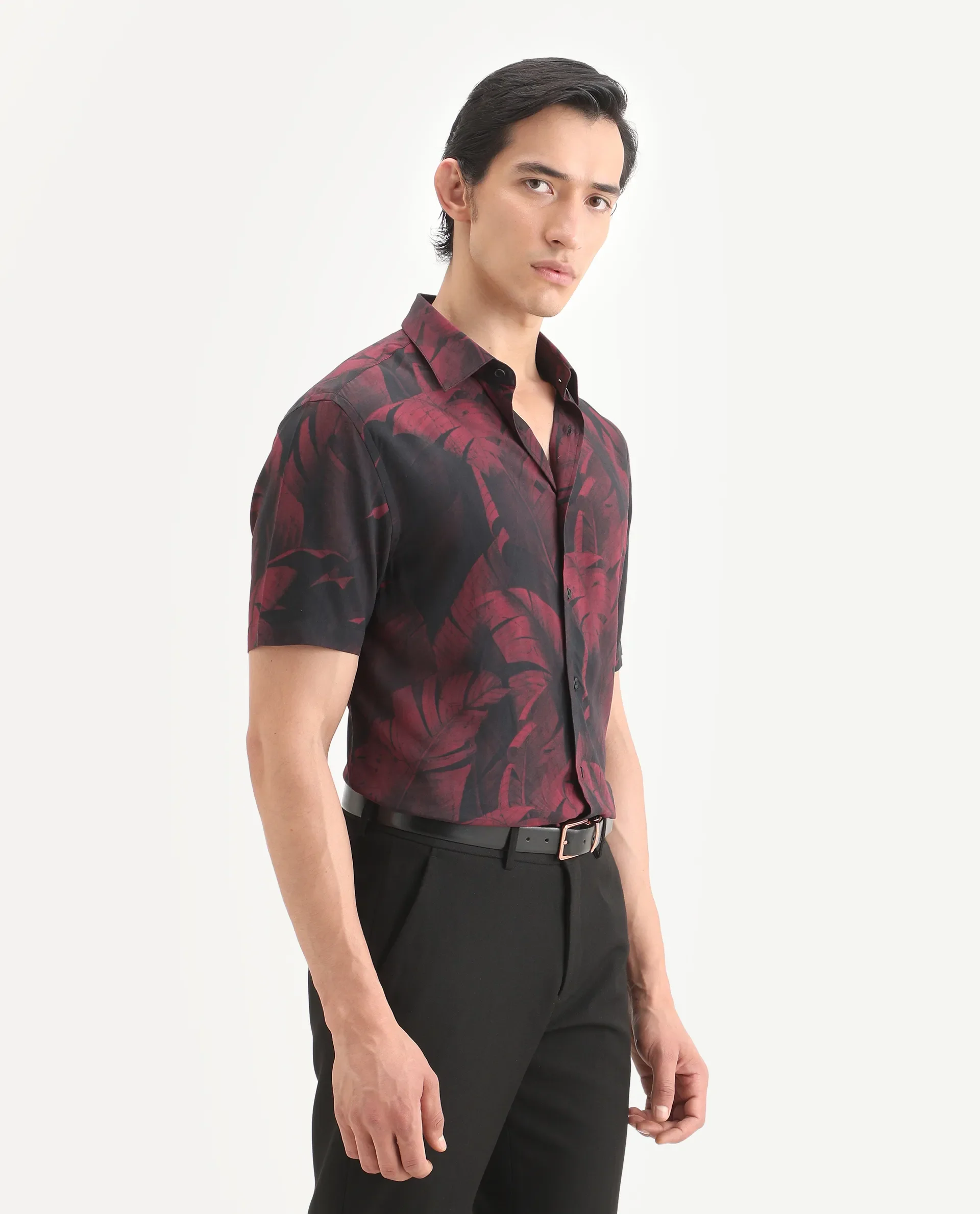 Rare Rabbit Men's Omra Dusky Red Viscose Fabric Half Sleeve Spread Collar Regular Fit Tropical Print Shirt - Image 8