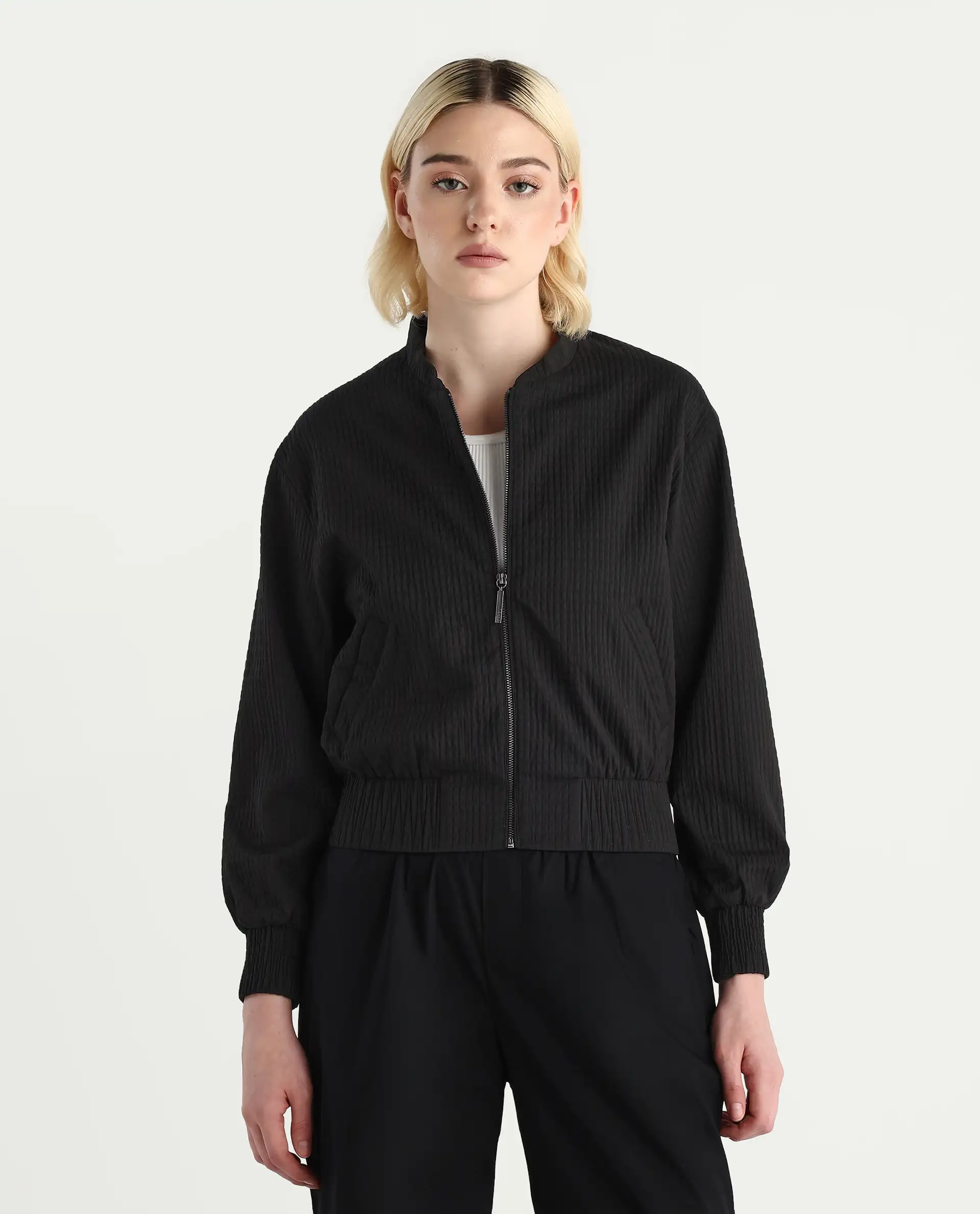 Rareism Women's Omri Black Polyester Mandrin Collar Regular Fit Plain Jacket - Image 3
