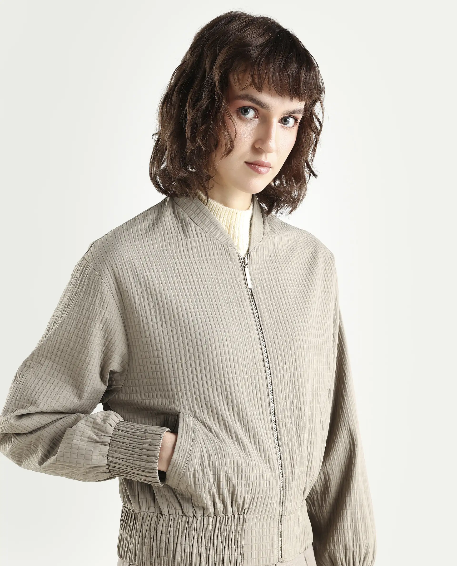 Rareism Women's Omri Cement Polyester Mandrin Collar Regular Plain Jacket - Image 4