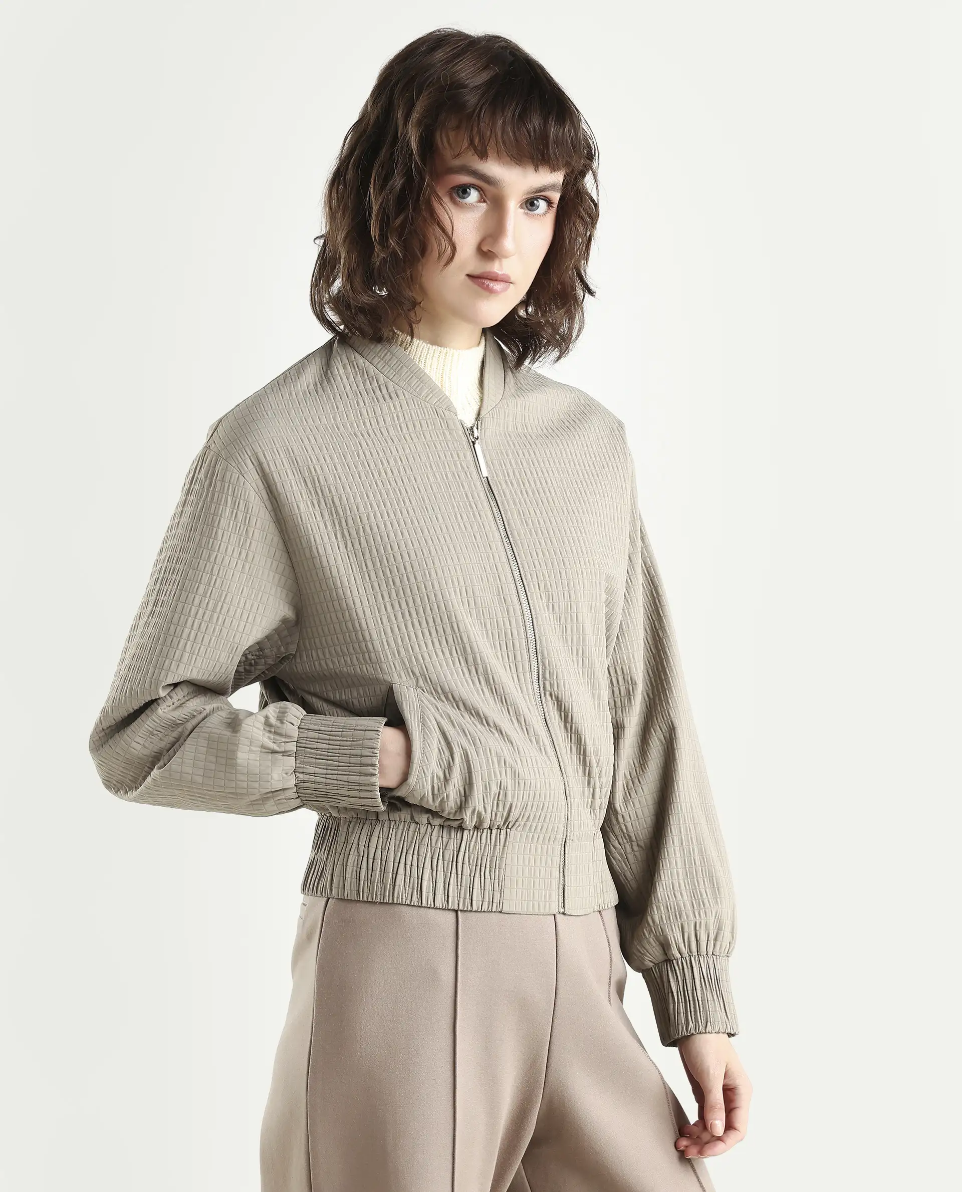 Rareism Women's Omri Cement Polyester Mandrin Collar Regular Plain Jacket - Image 5
