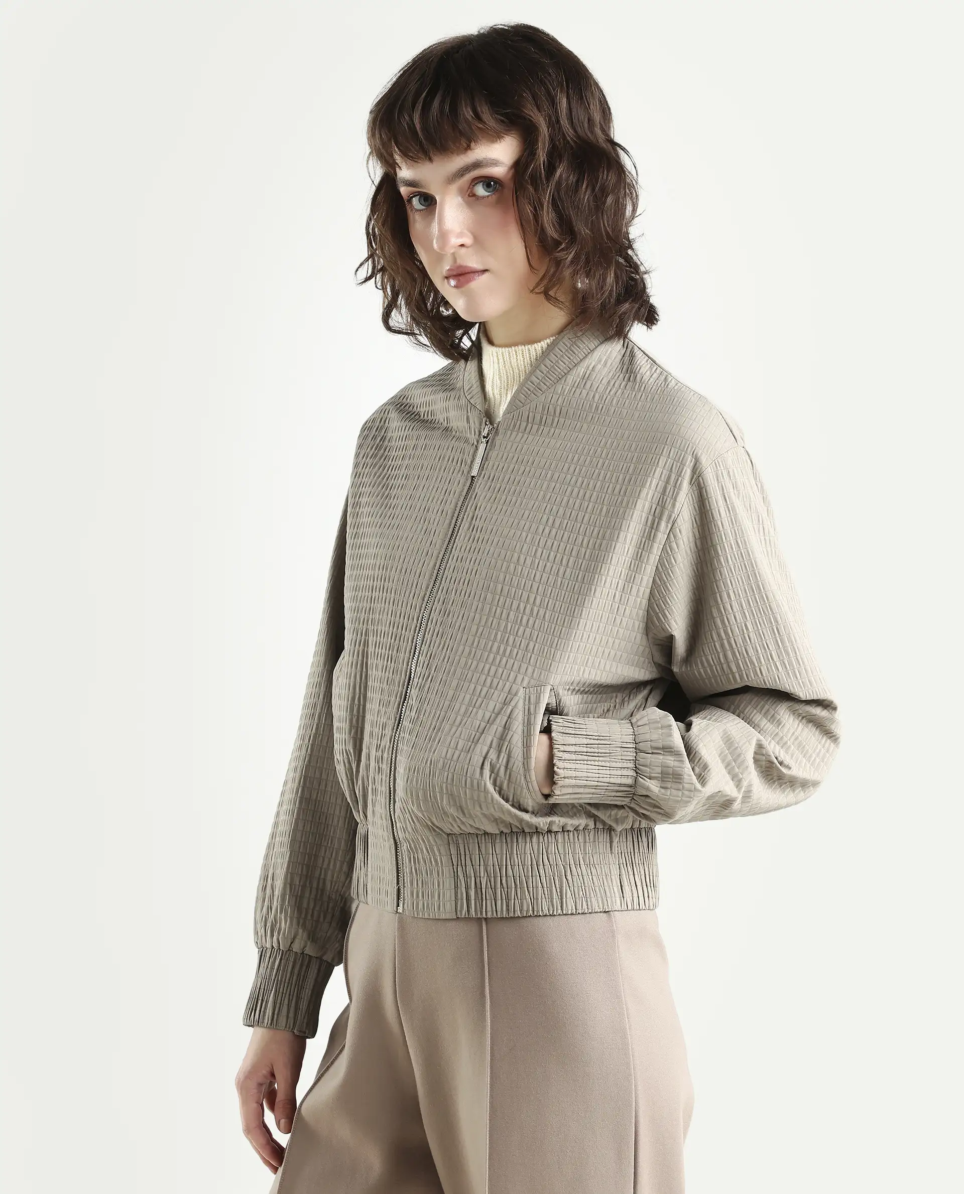 Rareism Women's Omri Cement Polyester Mandrin Collar Regular Plain Jacket - Image 6