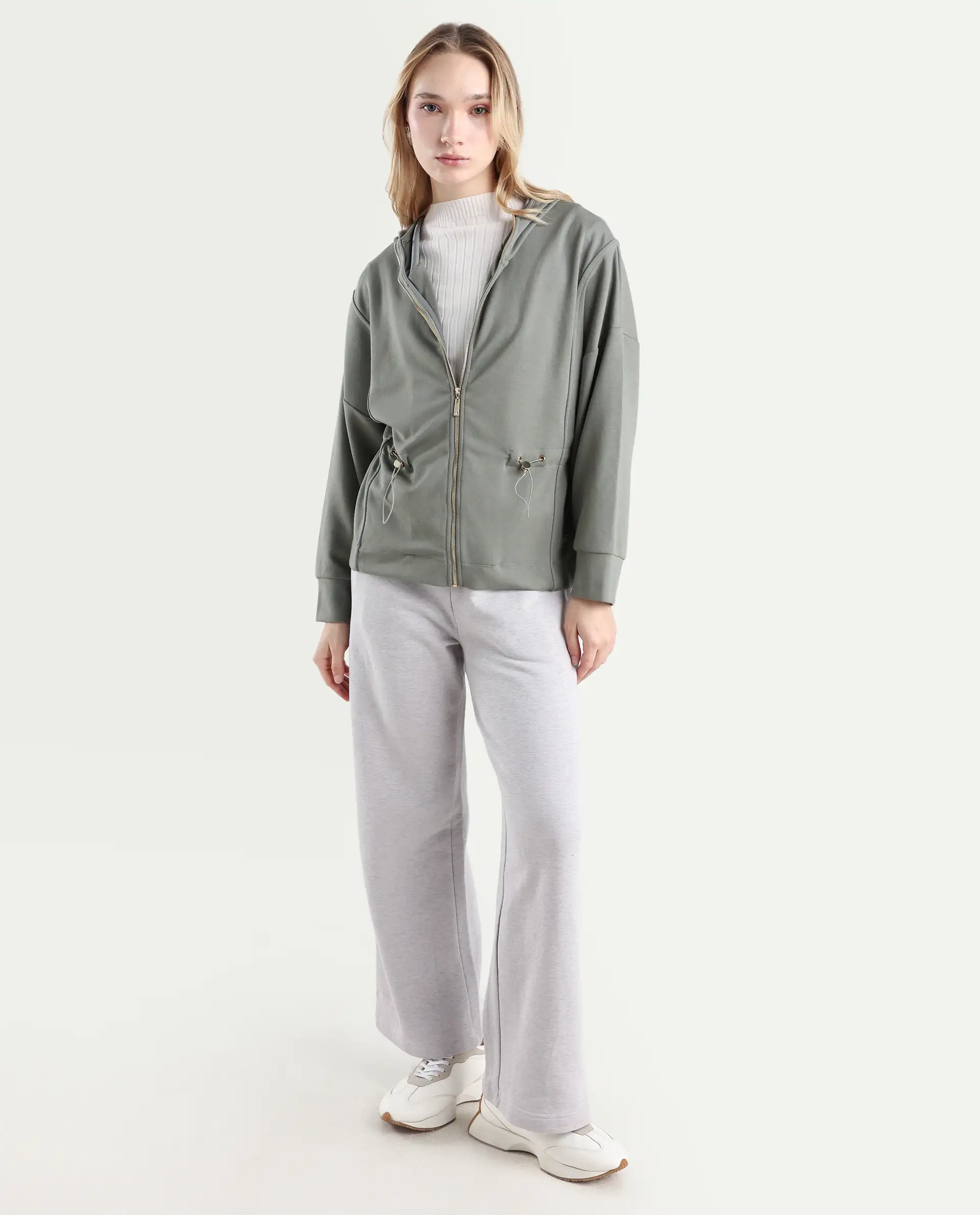 Rareism Women's Onerler Dusky Green Polyester Blend Hooded Plain Relaxed Fit Sweatshirt - Image 2