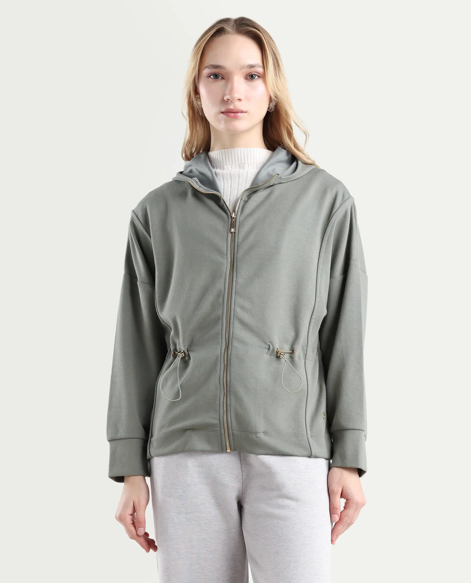 Rareism Women's Onerler Dusky Green Polyester Blend Hooded Plain Relaxed Fit Sweatshirt - Image 3