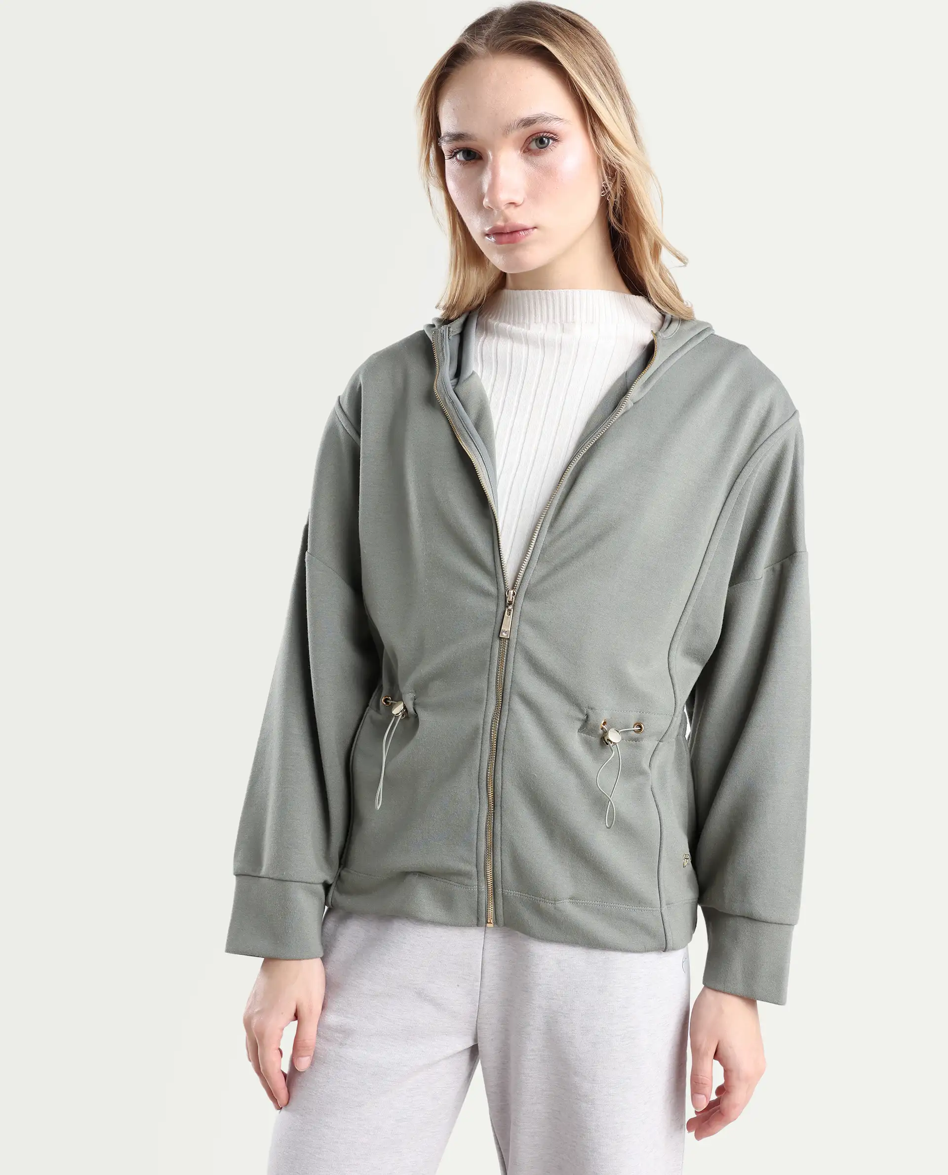 Rareism Women's Onerler Dusky Green Polyester Blend Hooded Plain Relaxed Fit Sweatshirt - Image 4