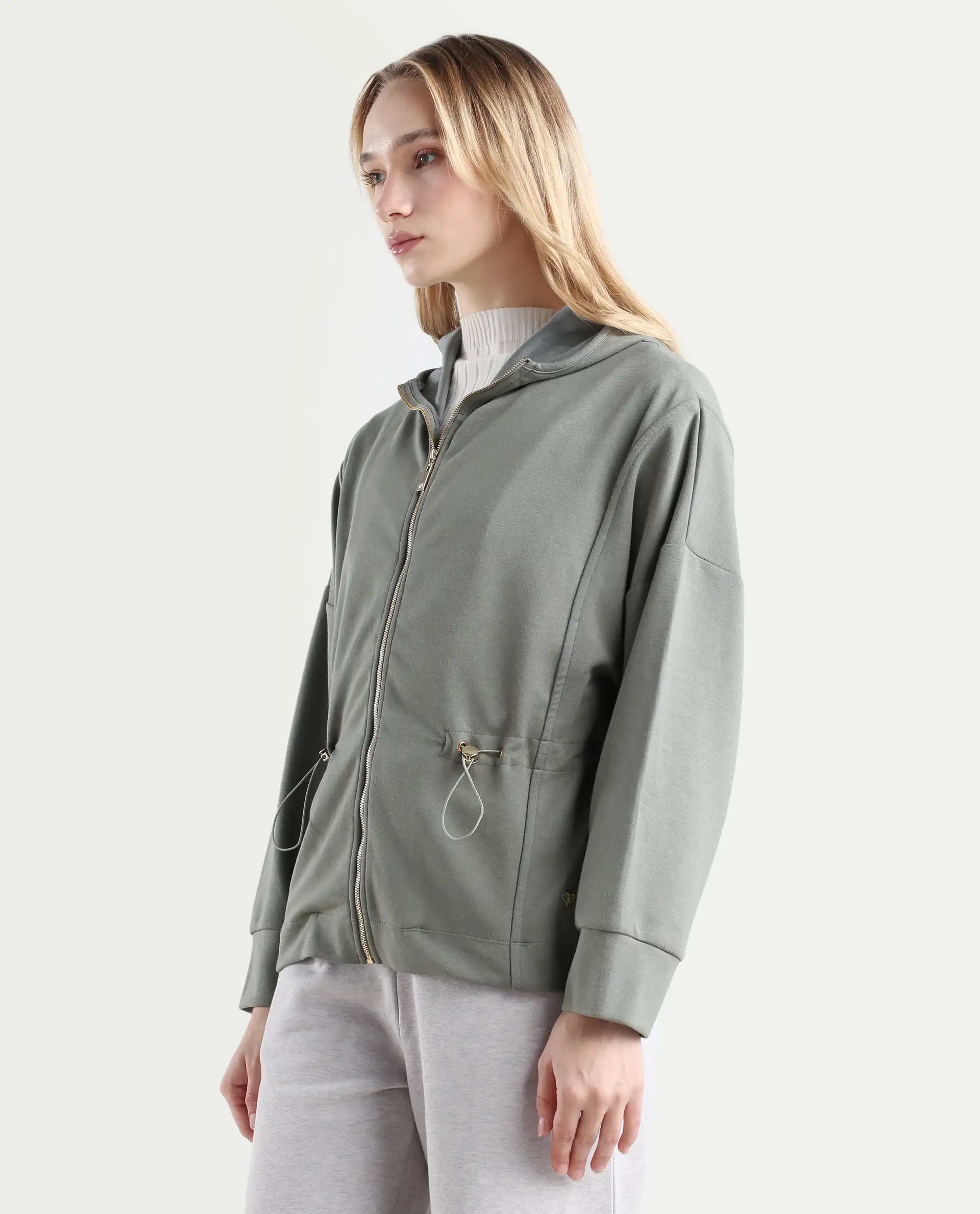 Rareism Women's Onerler Dusky Green Polyester Blend Hooded Plain Relaxed Fit Sweatshirt - Image 5