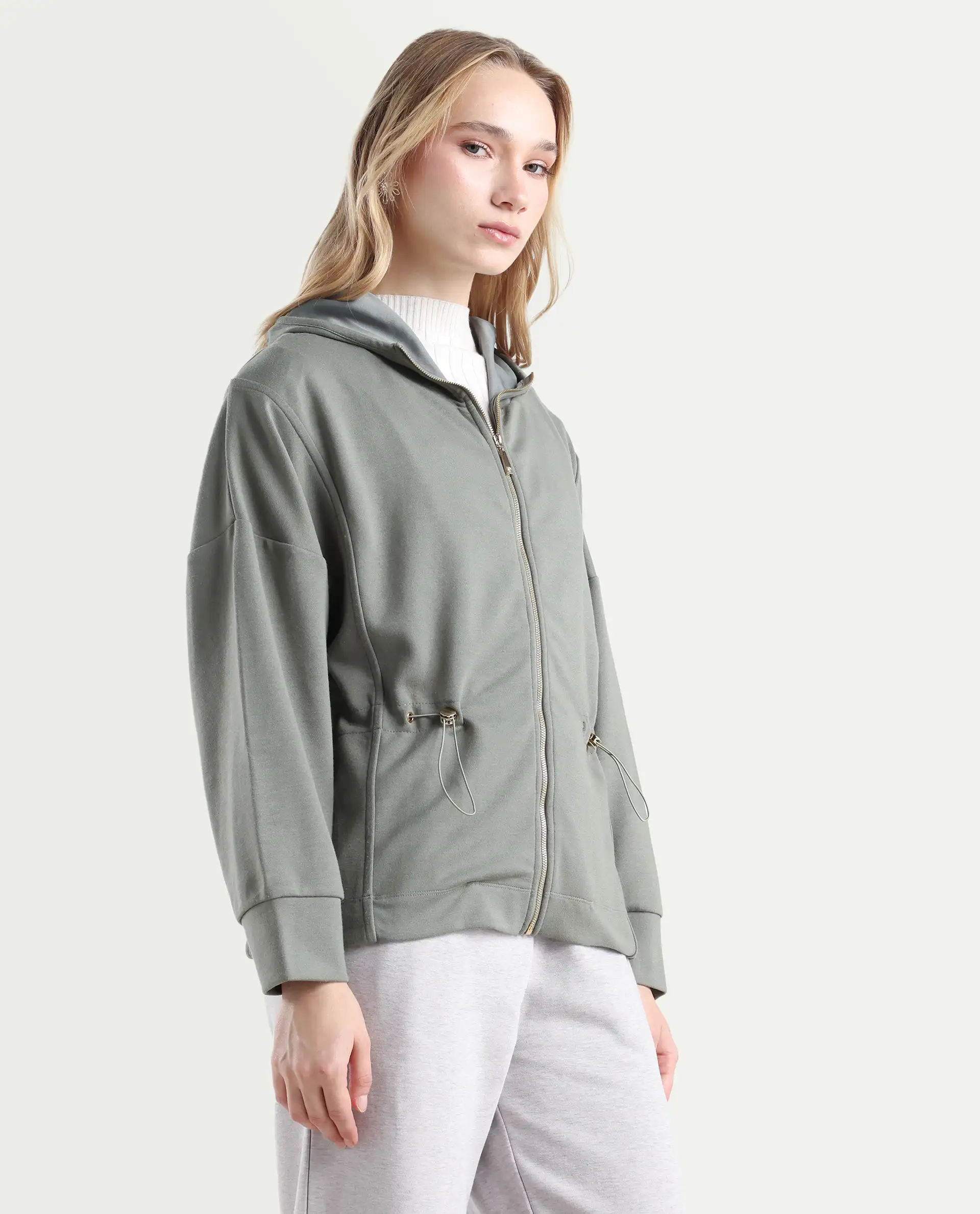 Rareism Women's Onerler Dusky Green Polyester Blend Hooded Plain Relaxed Fit Sweatshirt - Image 6