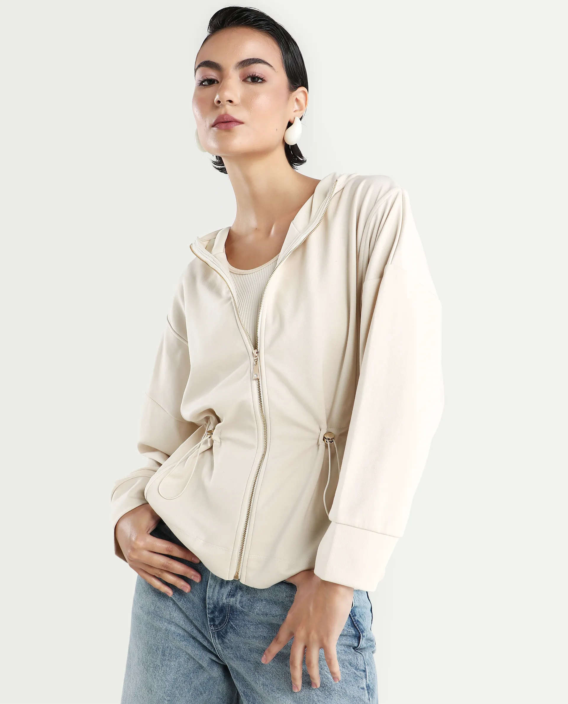 Rareism Women's Onerler Off White Modal Blend Hooded Plain Relaxed Fit Sweatshirt - Image 3