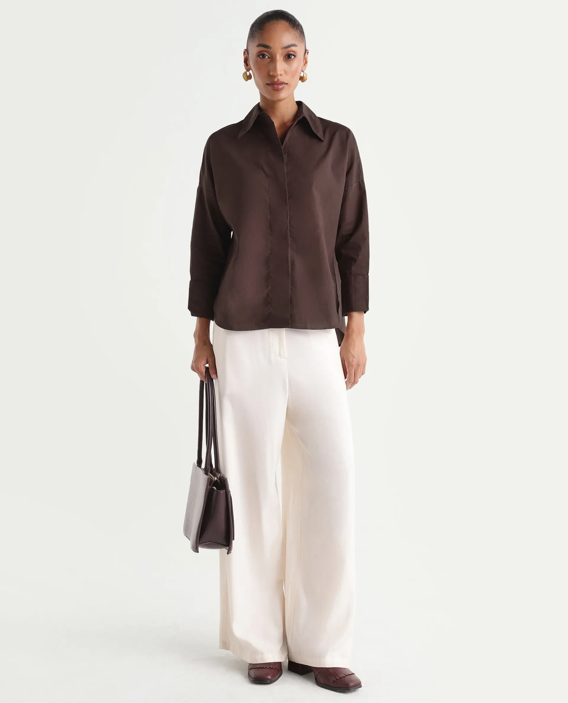 Rareism Women's Oni Brown Cotton Spread Collar Button Boxy Plain Shirt - Image 2