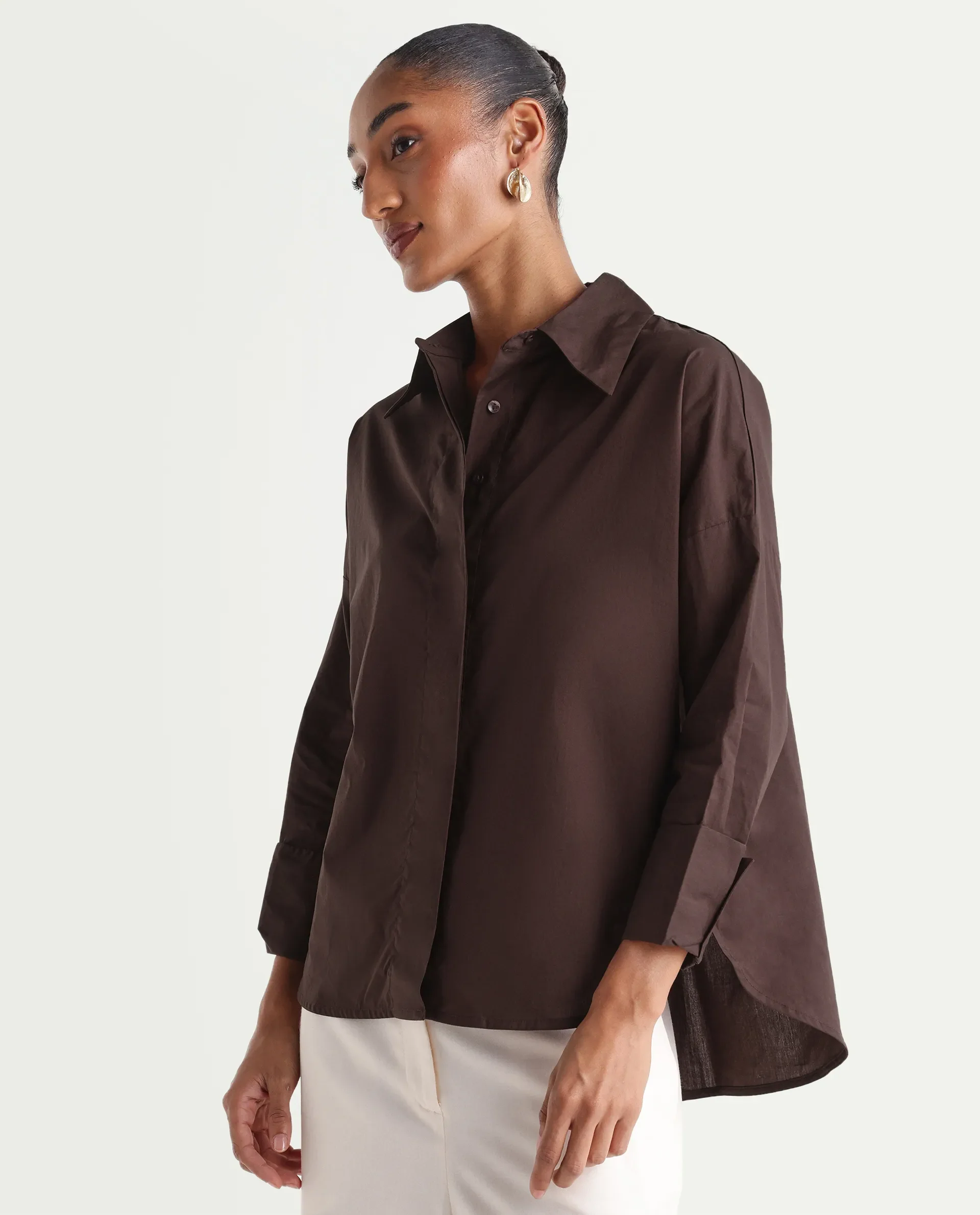 Rareism Women's Oni Brown Cotton Spread Collar Button Boxy Plain Shirt - Image 5
