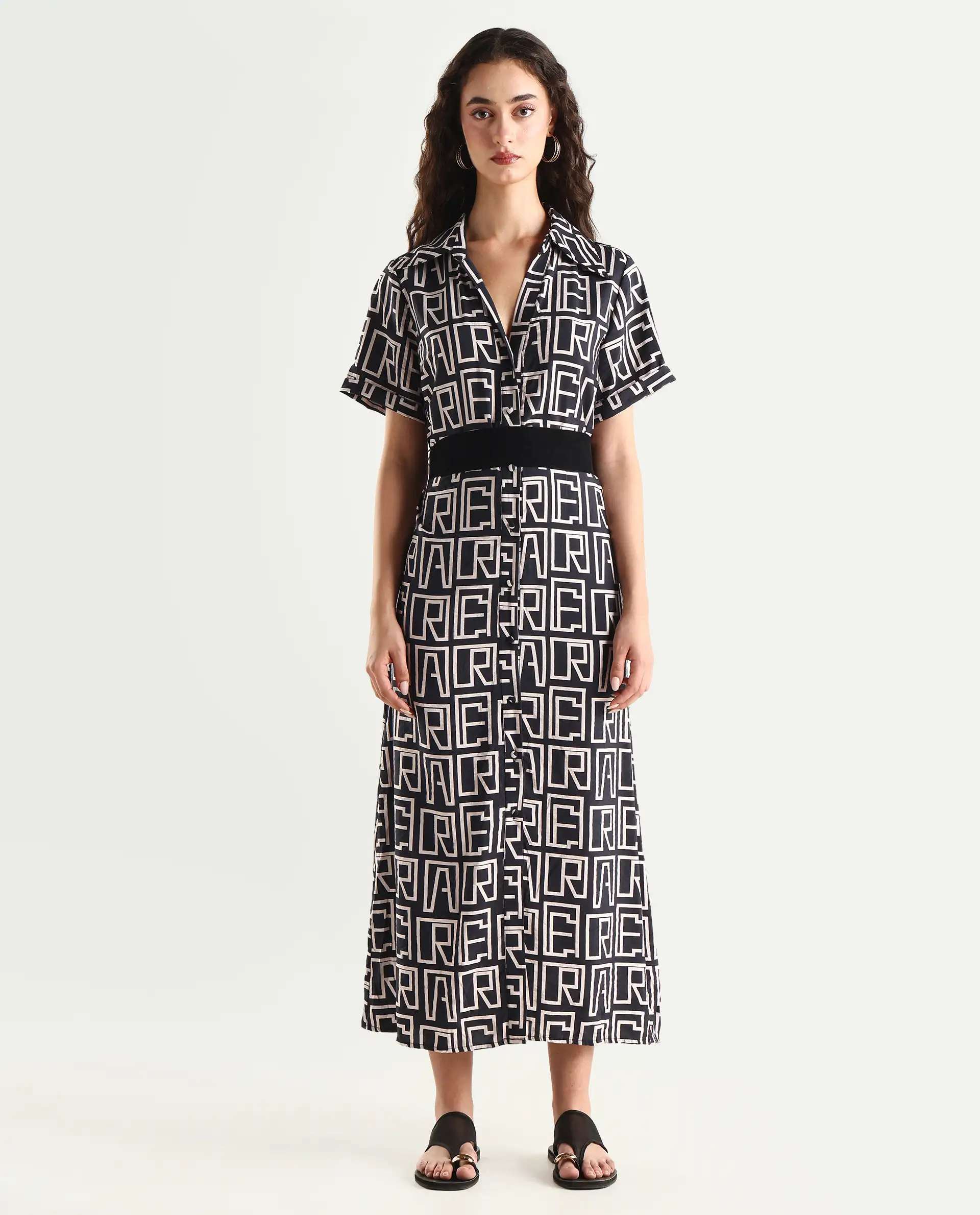 Rareism Women's Onia Black Nylon Blend Drop Collar Monogram Print Maxi Regular Fit Dress - Image 2