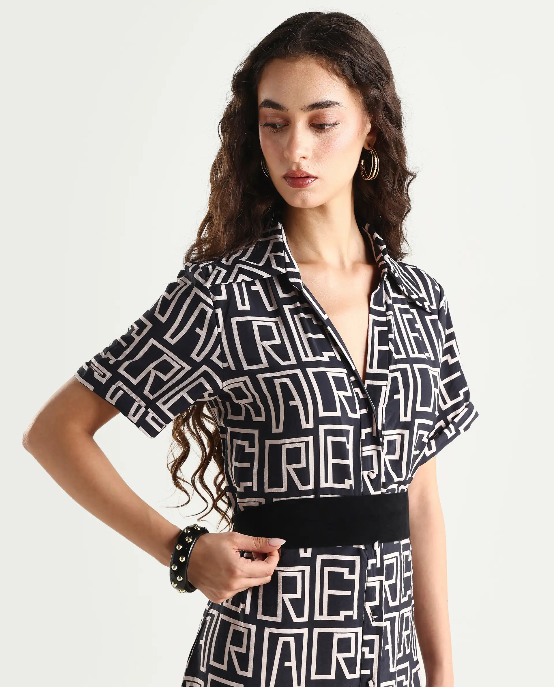Rareism Women's Onia Black Nylon Blend Drop Collar Monogram Print Maxi Regular Fit Dress - Image 3
