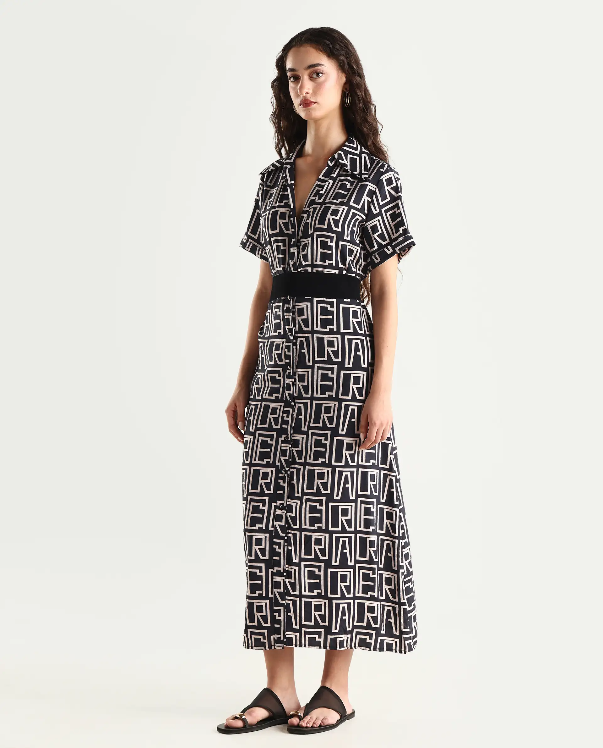 Rareism Women's Onia Black Nylon Blend Drop Collar Monogram Print Maxi Regular Fit Dress - Image 4