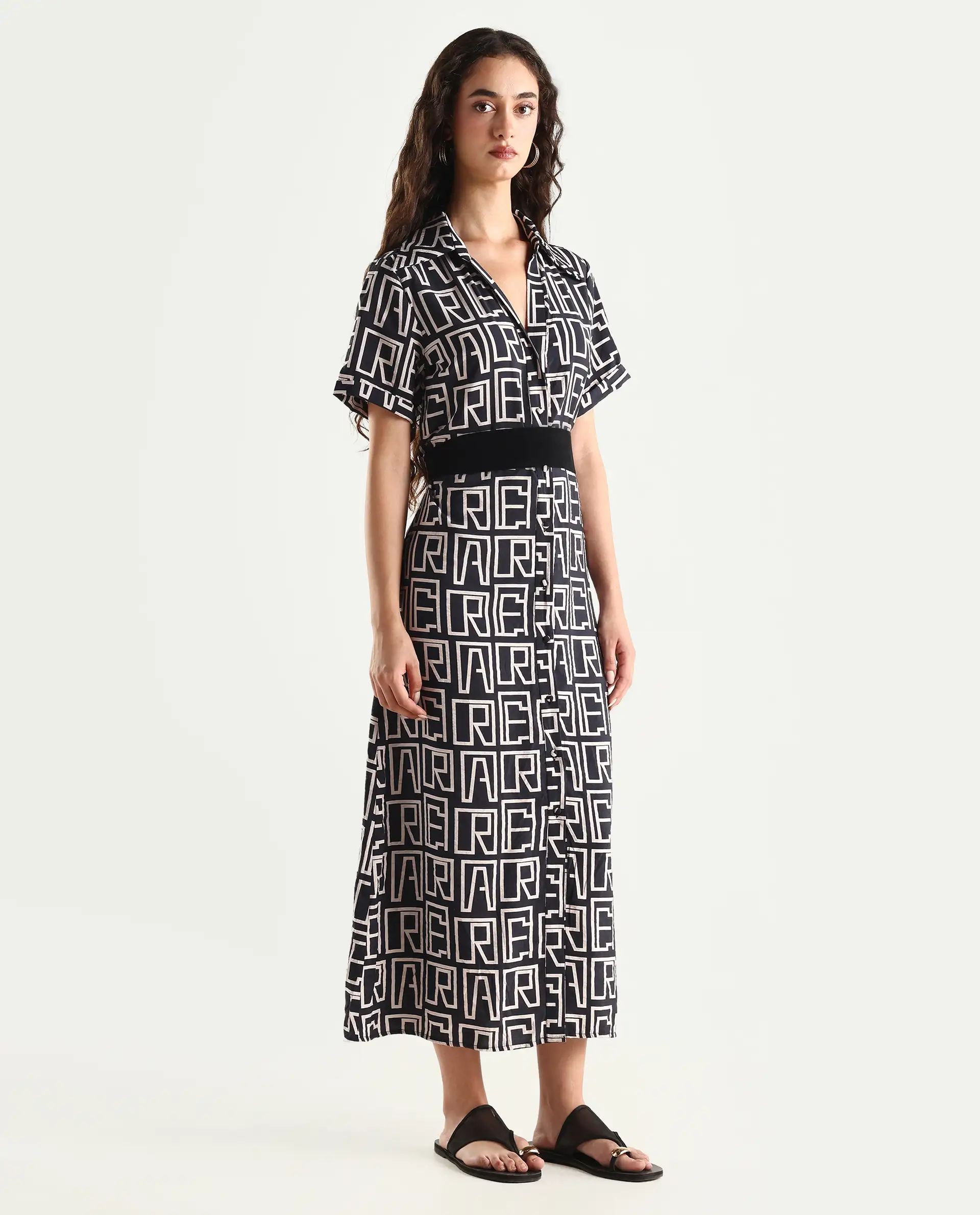 Rareism Women's Onia Black Nylon Blend Drop Collar Monogram Print Maxi Regular Fit Dress - Image 5