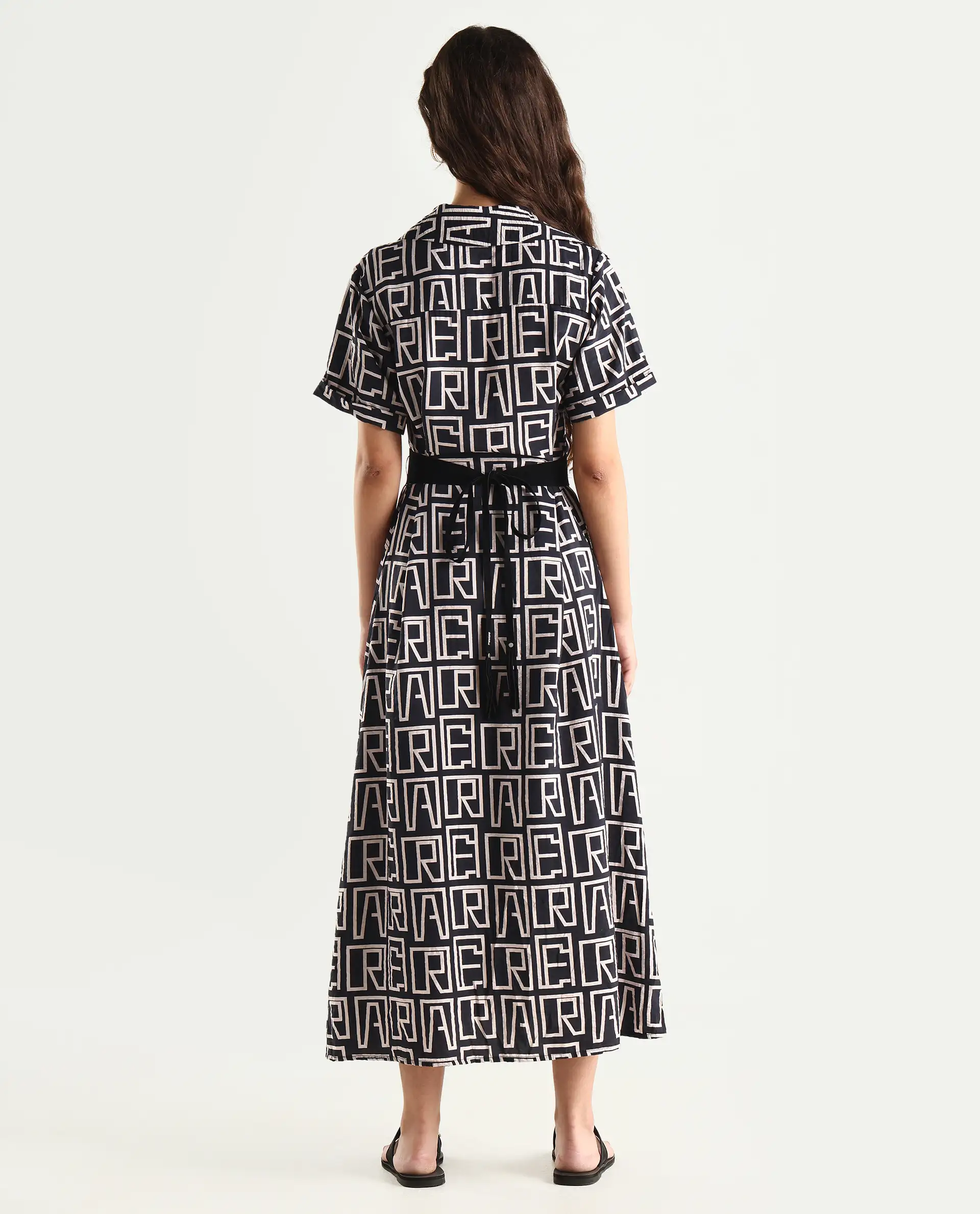 Rareism Women's Onia Black Nylon Blend Drop Collar Monogram Print Maxi Regular Fit Dress - Image 6