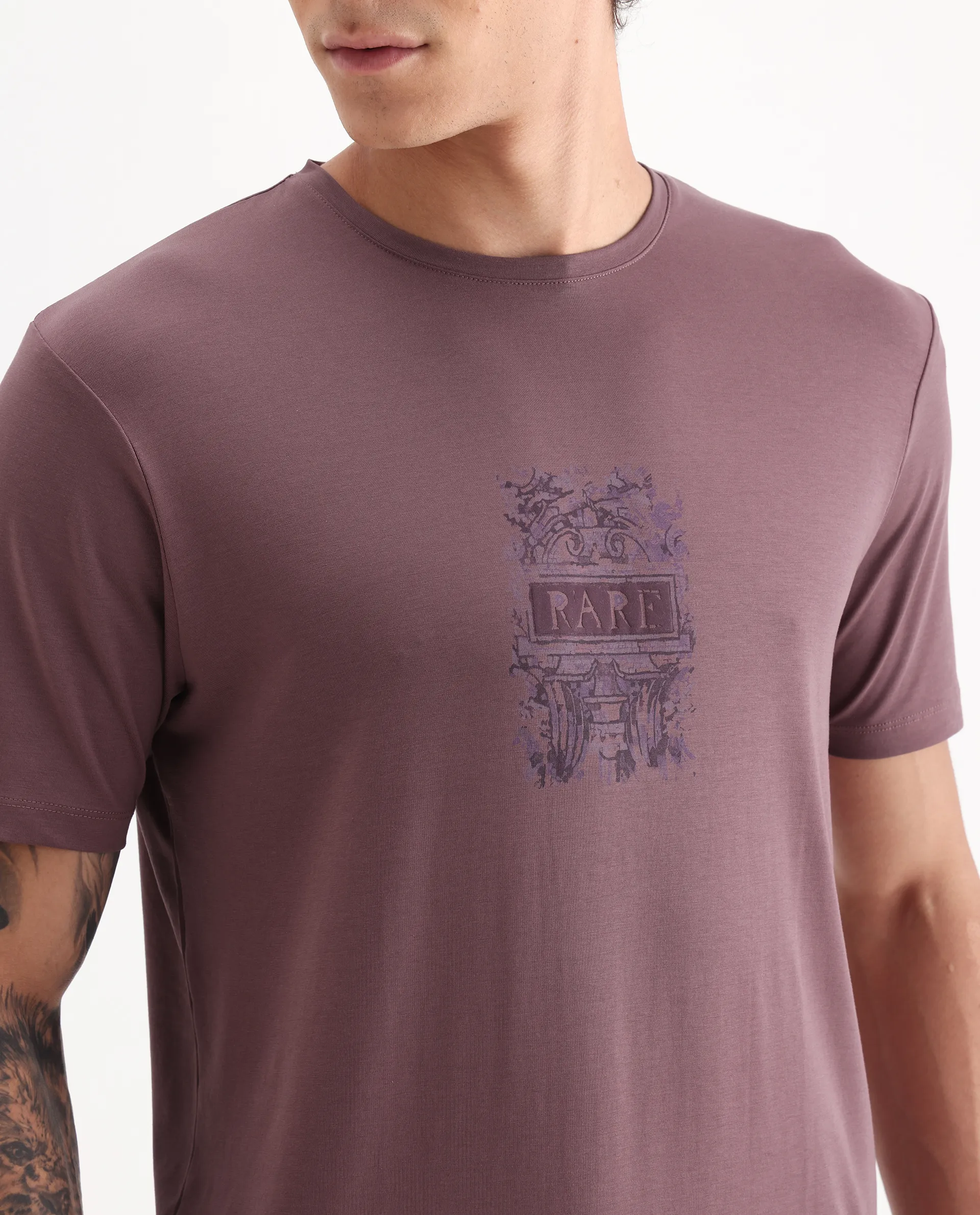 Rare Rabbit Men's Onic Dusky Pink Cotton Blend Graphic Print Regular Fit Half Sleeve Crew Neck T-Shirt - Image 3