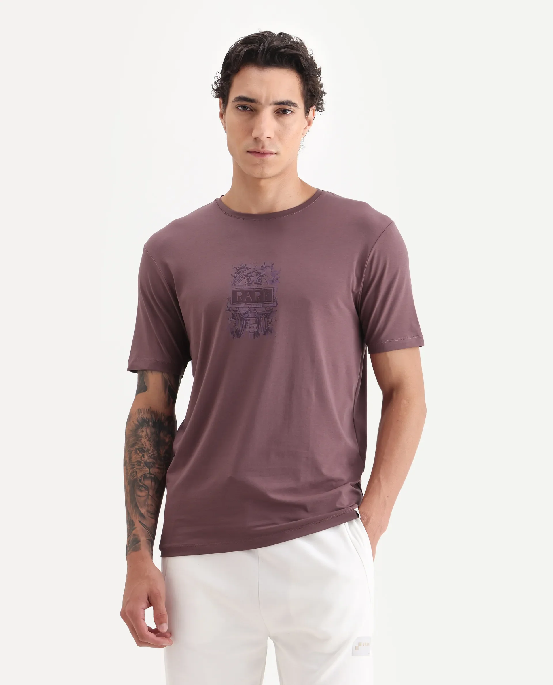 Rare Rabbit Men's Onic Dusky Pink Cotton Blend Graphic Print Regular Fit Half Sleeve Crew Neck T-Shirt - Image 4