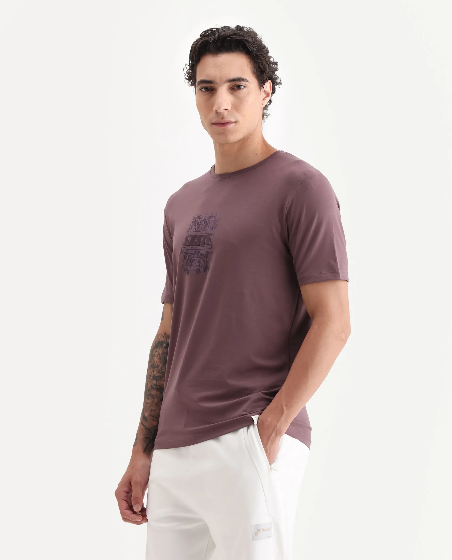 Rare Rabbit Men's Onic Dusky Pink Cotton Blend Graphic Print Regular Fit Half Sleeve Crew Neck T-Shirt - Image 5