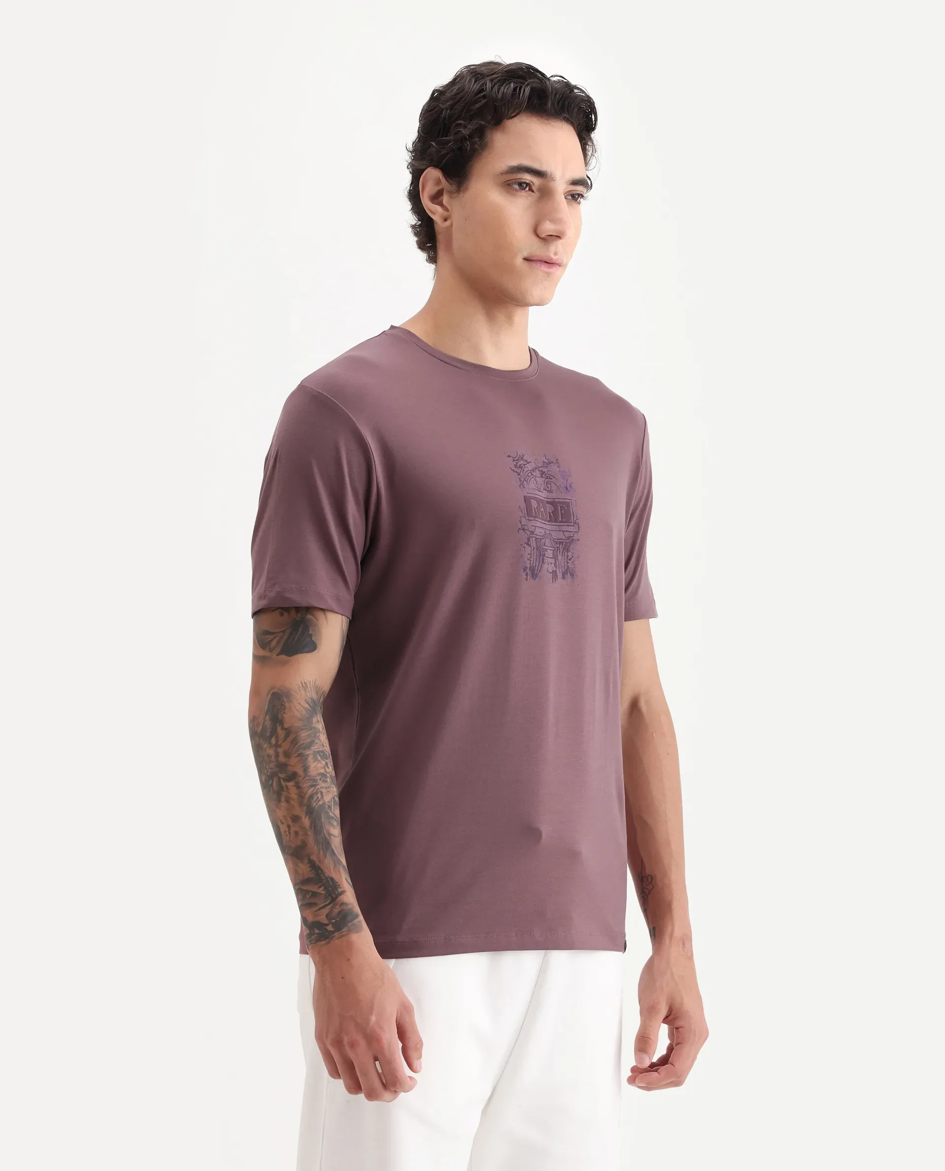 Rare Rabbit Men's Onic Dusky Pink Cotton Blend Graphic Print Regular Fit Half Sleeve Crew Neck T-Shirt - Image 6