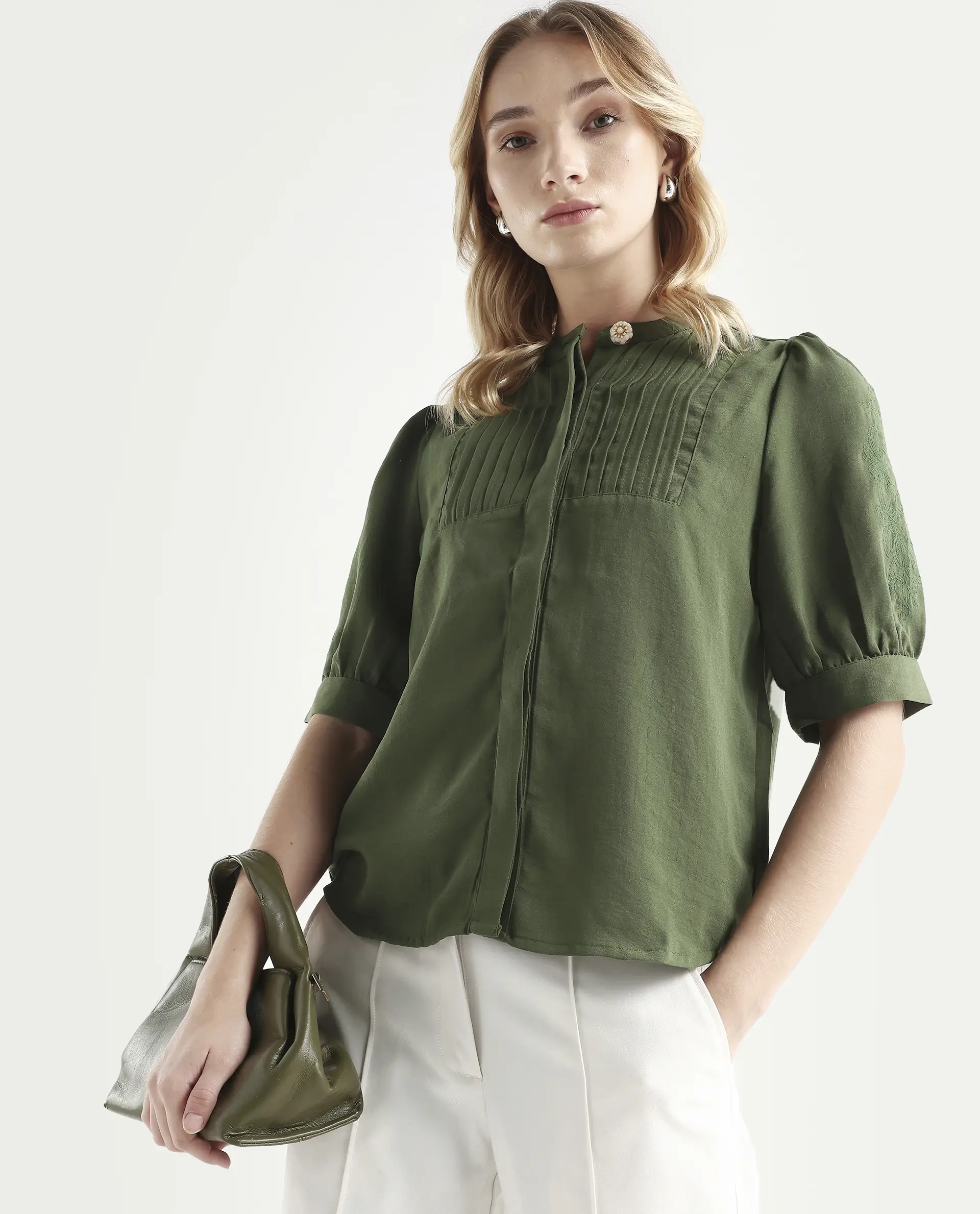Rareism Women's Onit Olive Polyester Mandarin Collar Plain Bishop Sleeve Regular Fit Top - Image 2