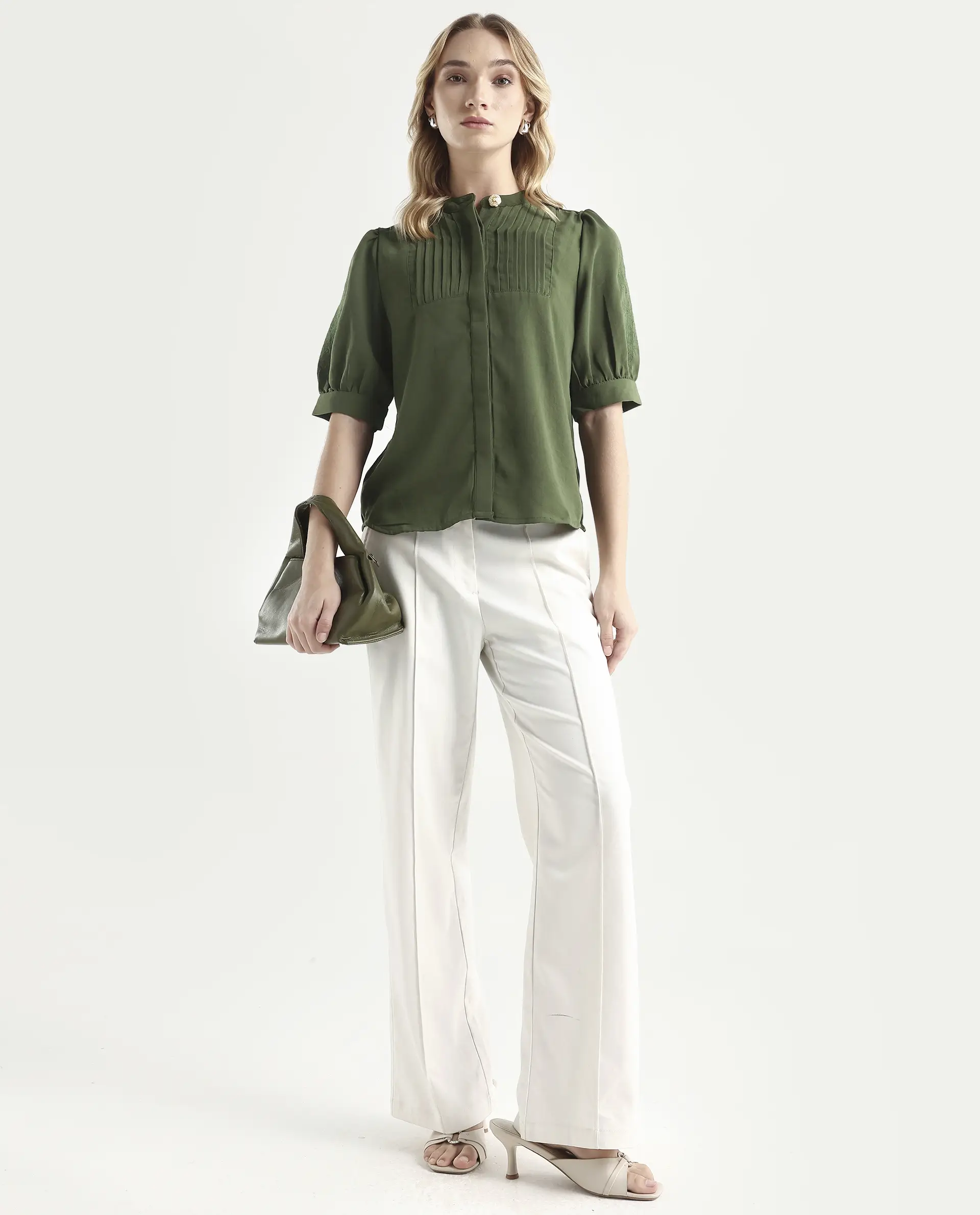 Rareism Women's Onit Olive Polyester Mandarin Collar Plain Bishop Sleeve Regular Fit Top - Image 3