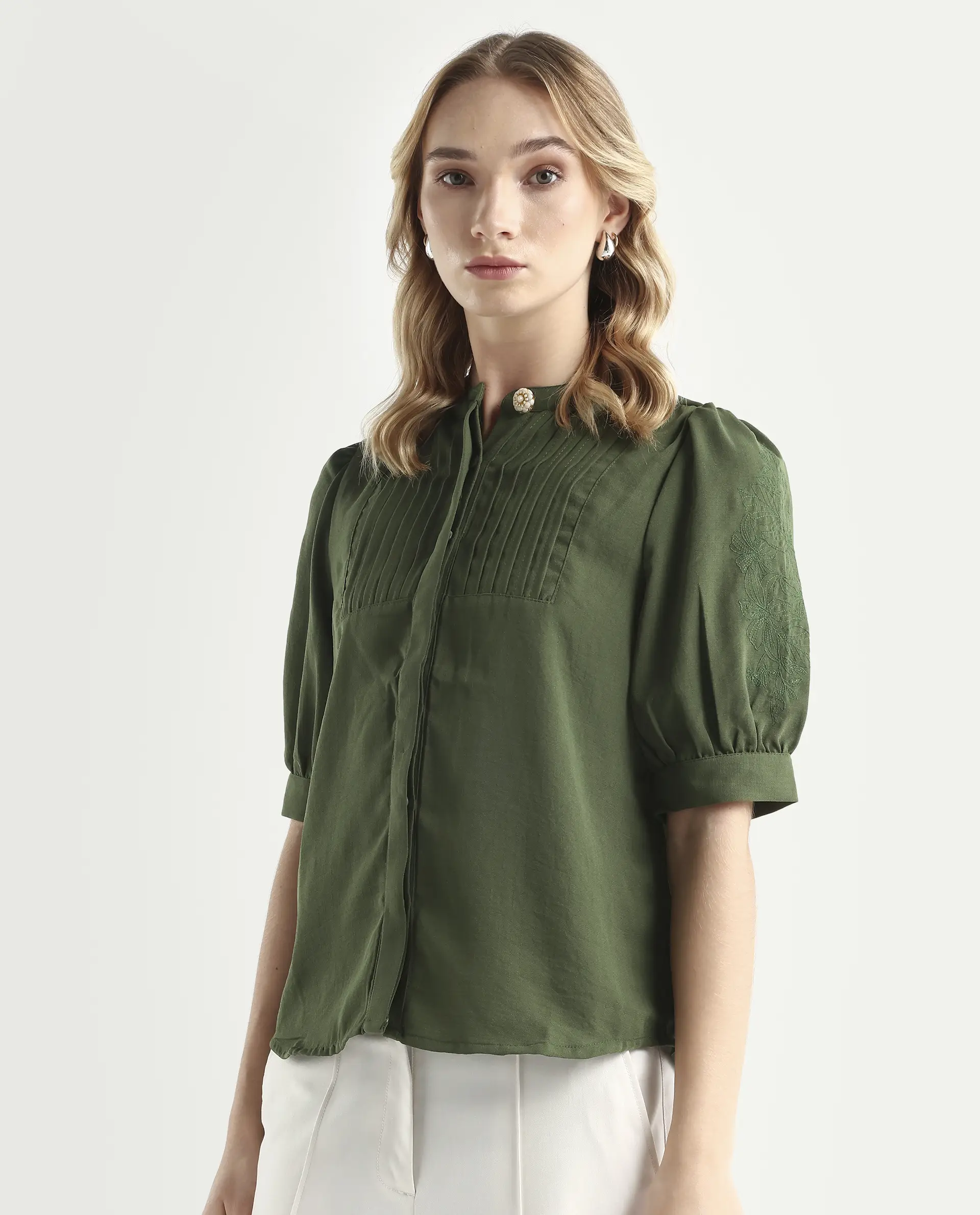 Rareism Women's Onit Olive Polyester Mandarin Collar Plain Bishop Sleeve Regular Fit Top - Image 5